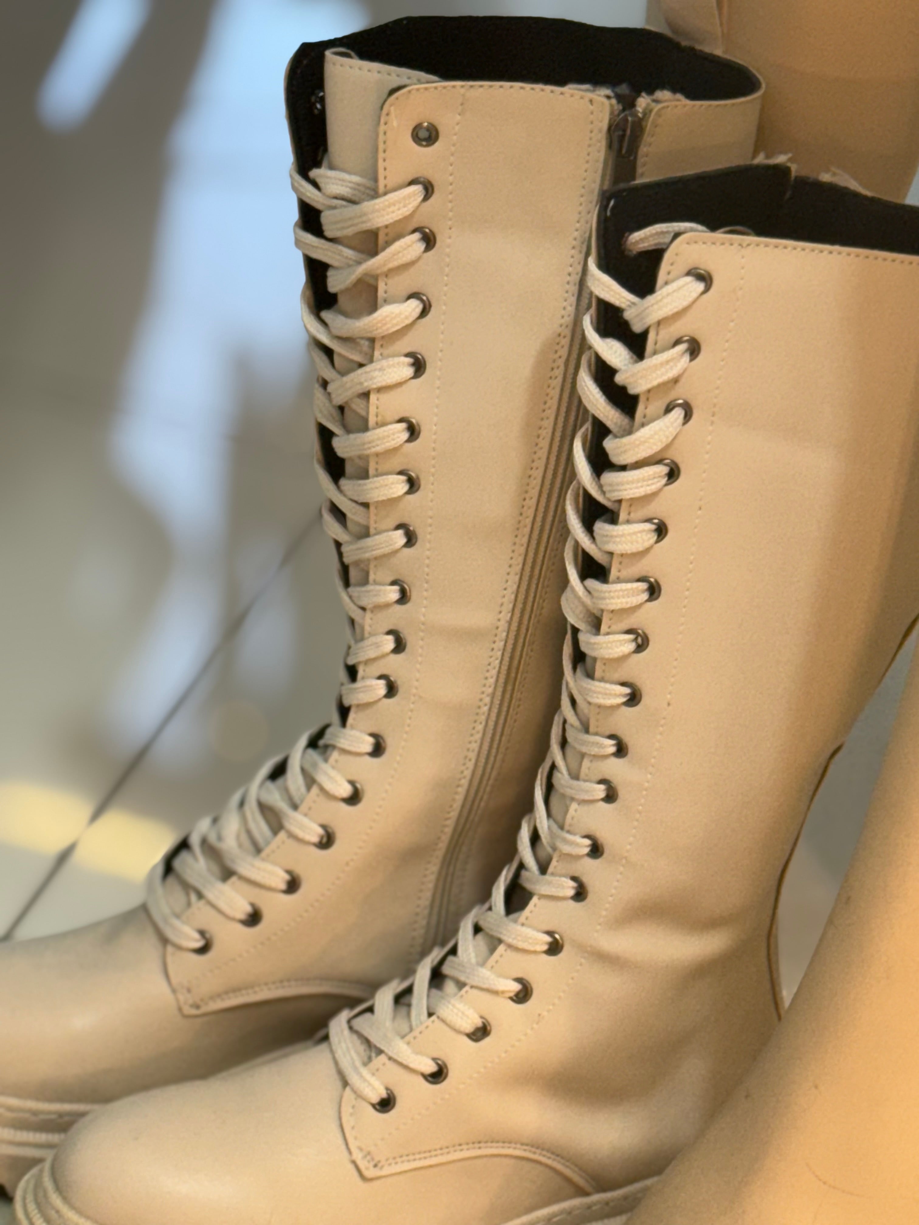Leather Laces long beige boots