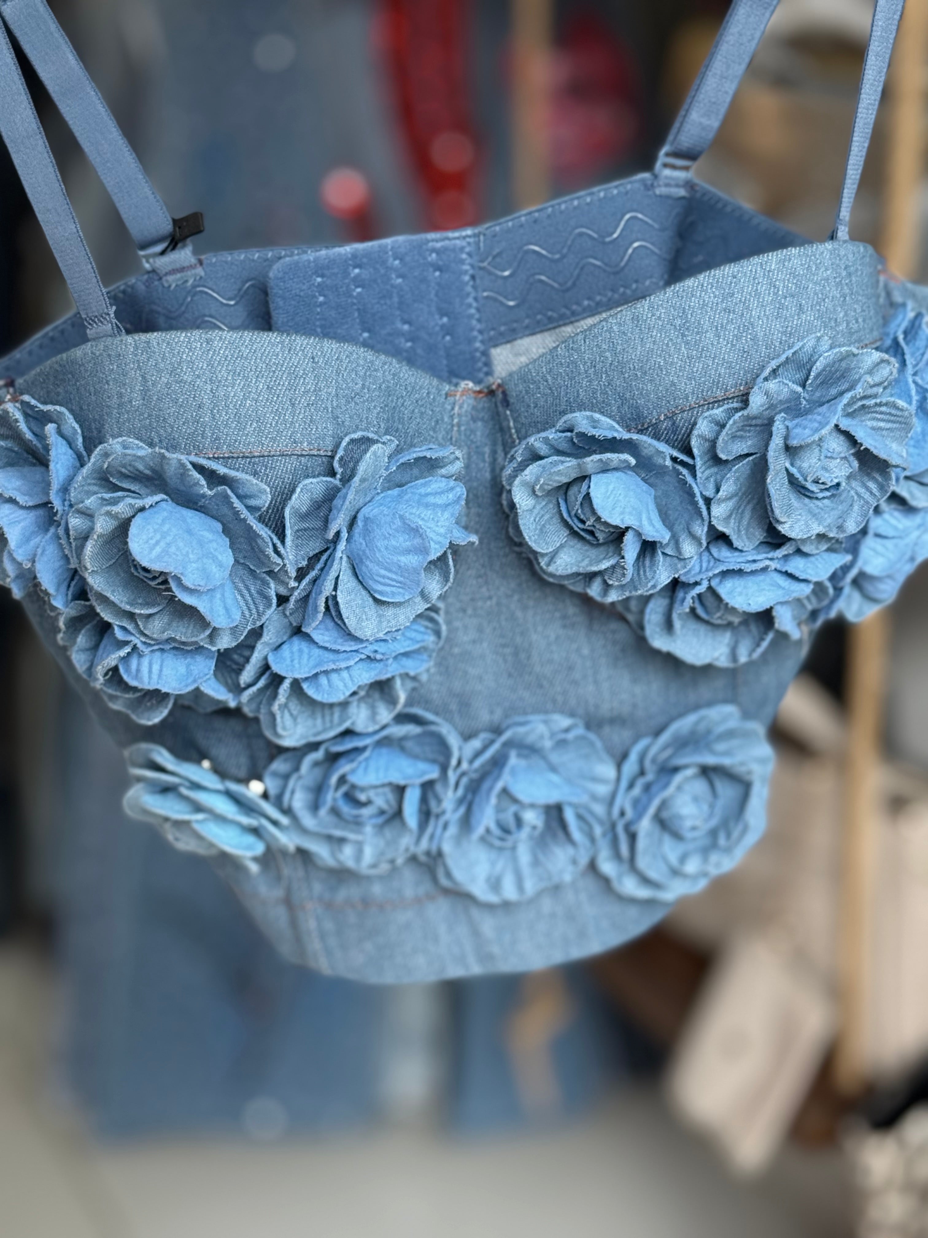 Floral denim padded corset crop top
