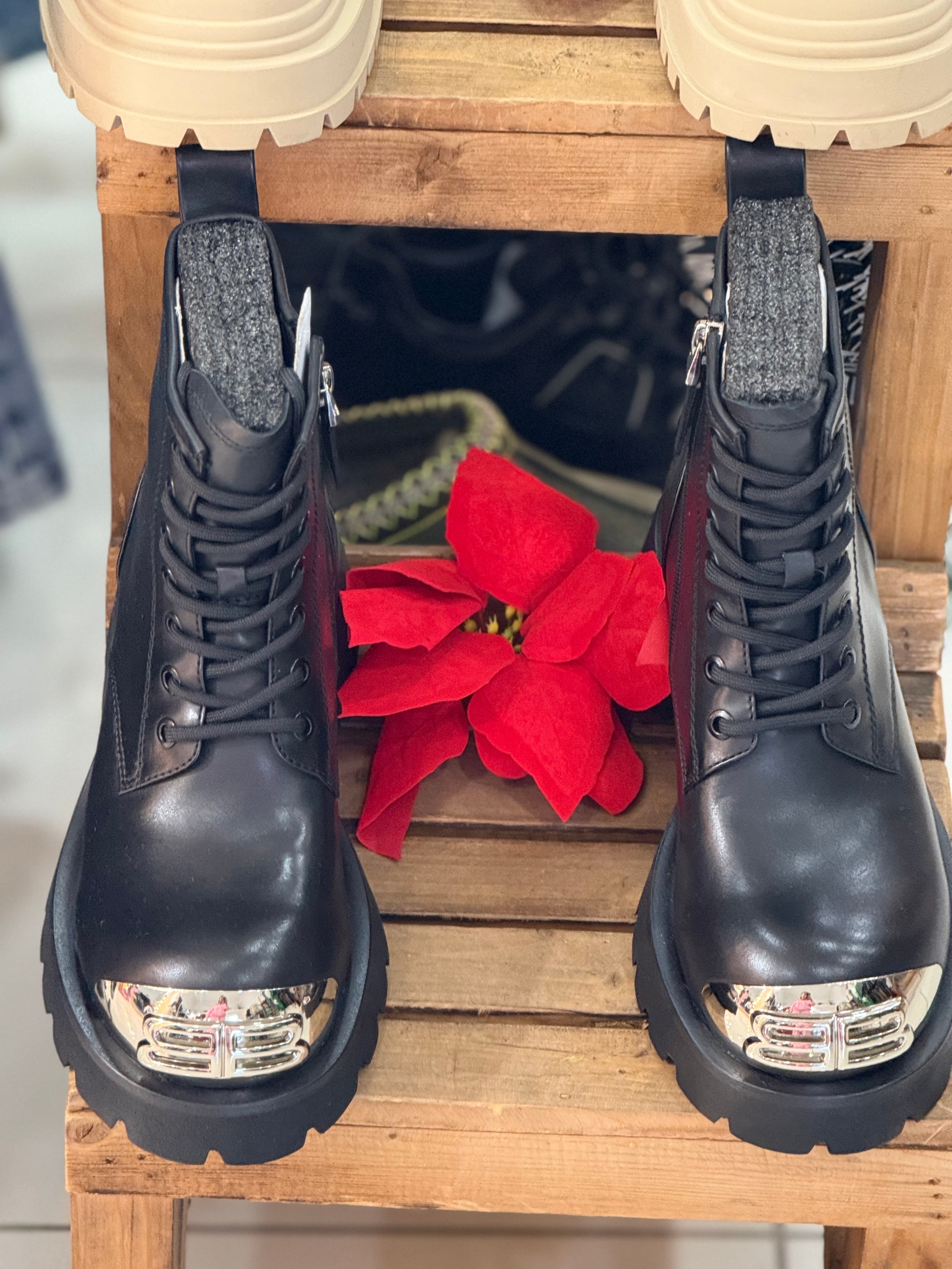 Black Combat Boots with Metallic Toe Detail