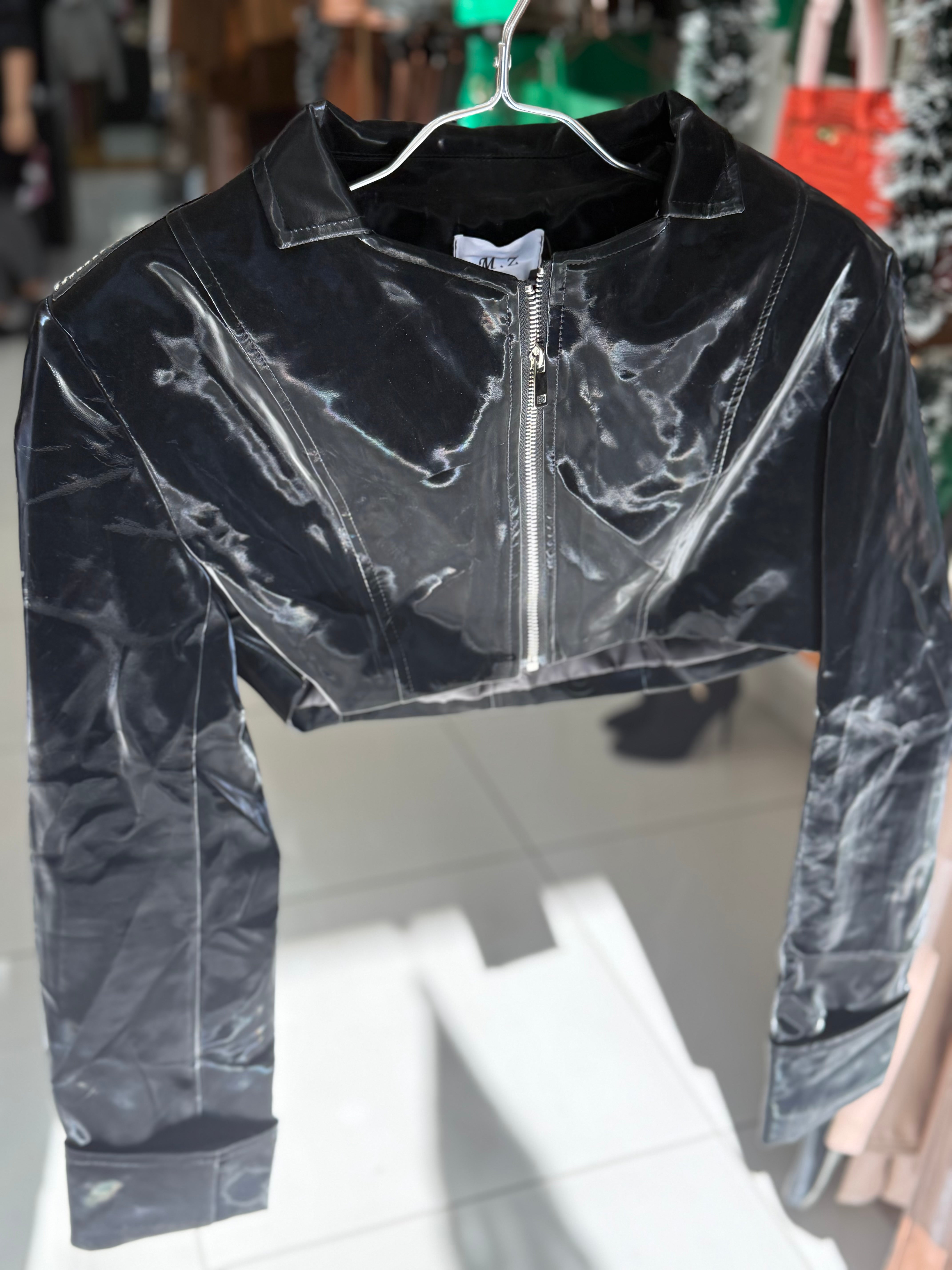 Glossy Black Cropped Leather Jacket