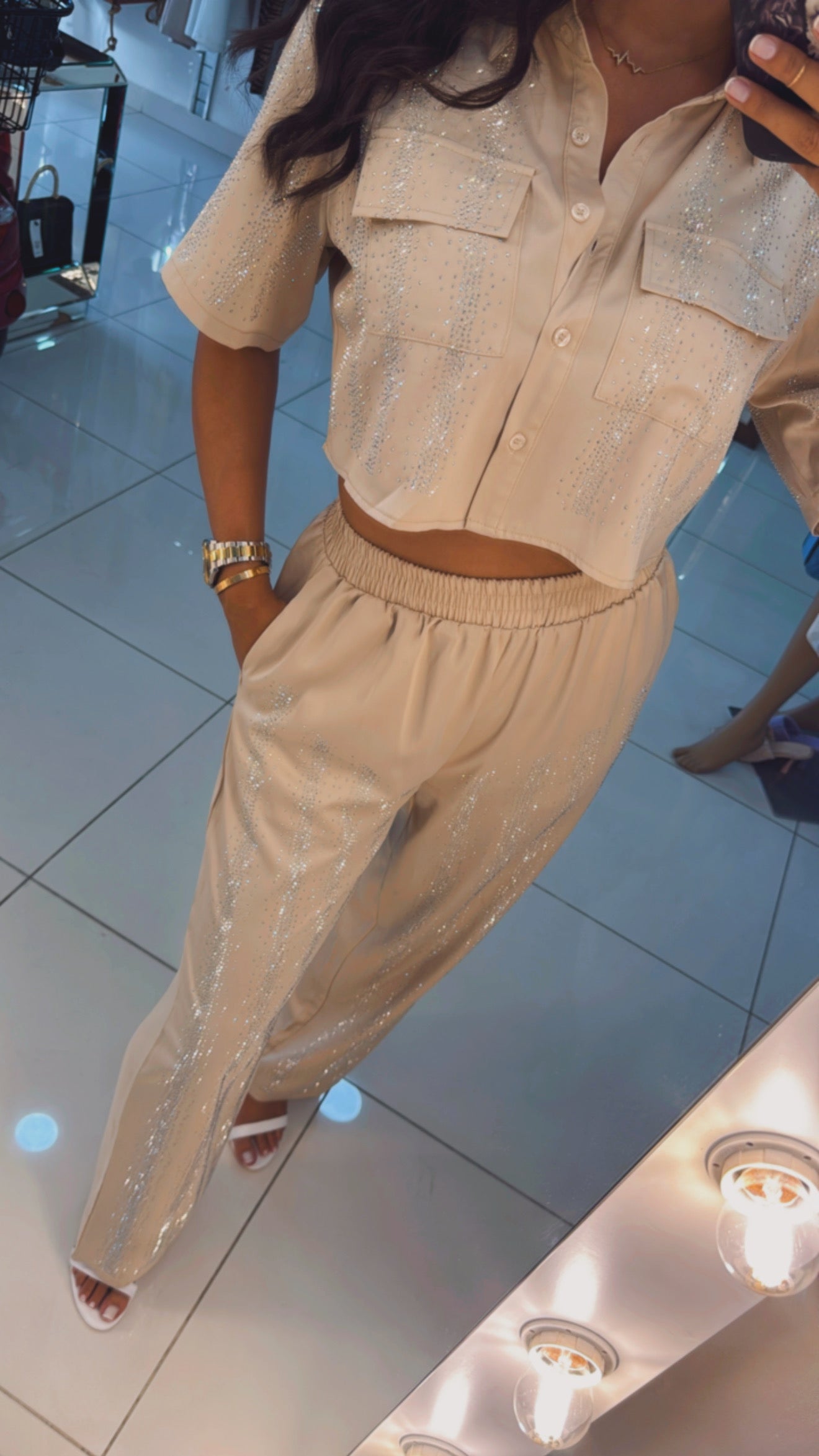 Rhine stone short sleeve beige Set