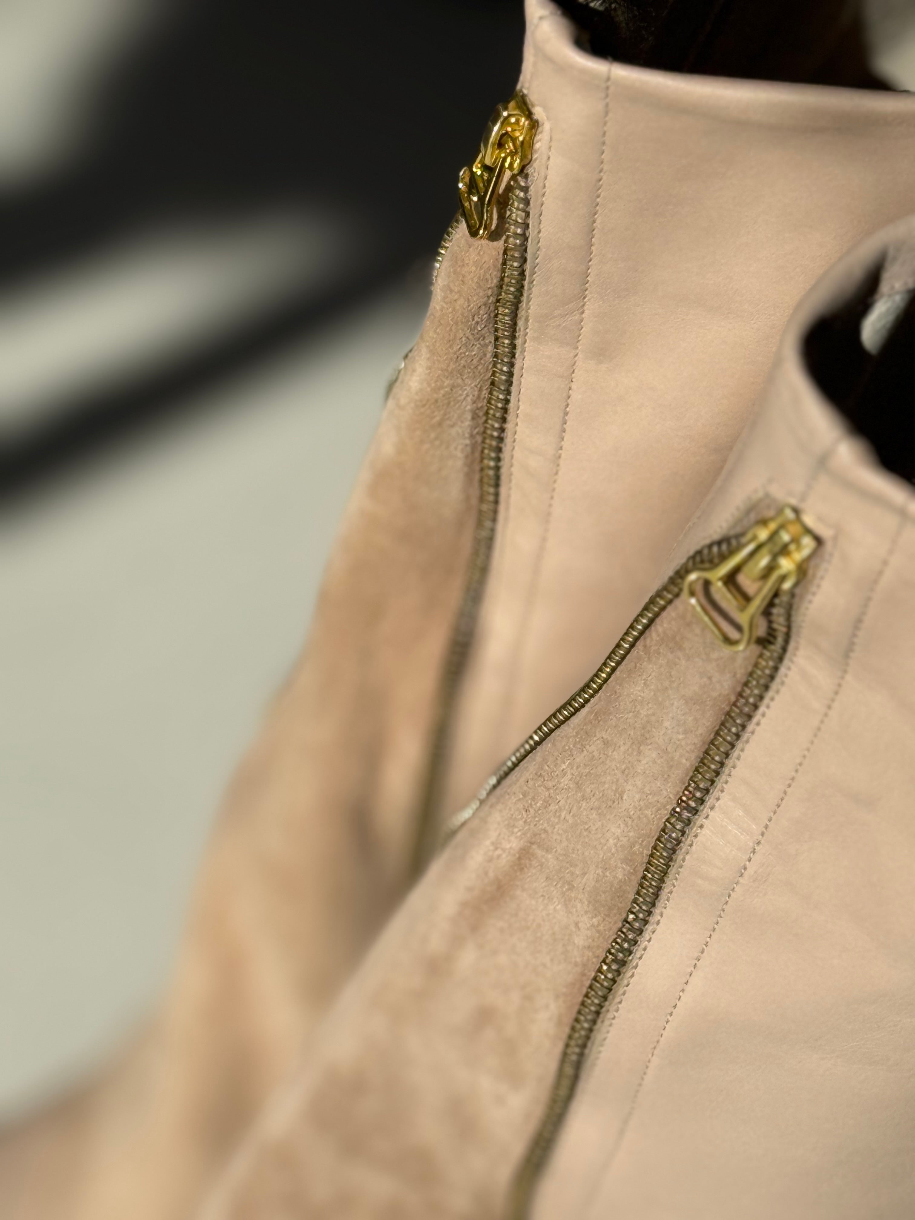 Real Leather Beige High-Heel Zipper Boots