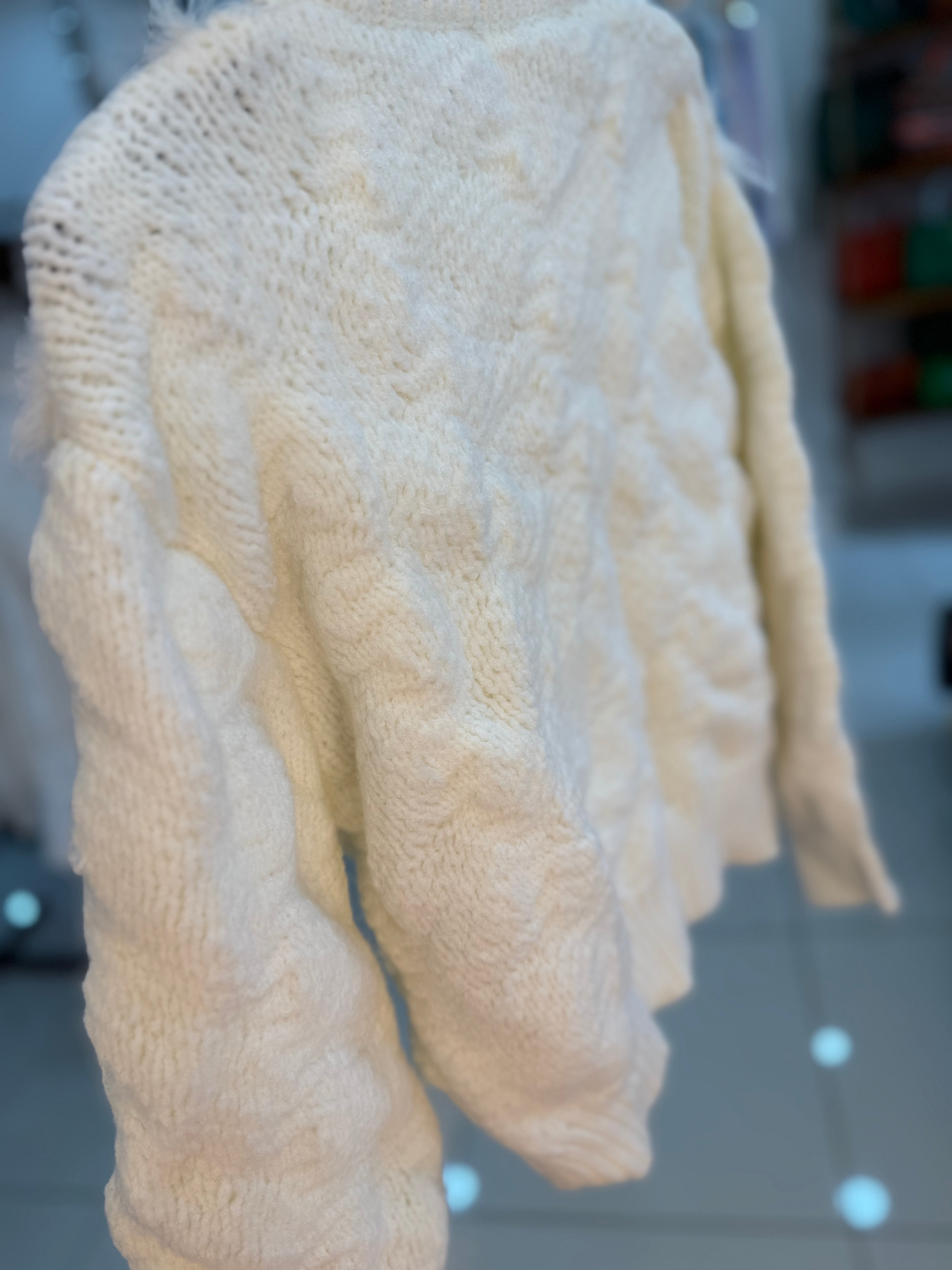 Off-White Fur & Wool Sweater with Flower Buttons