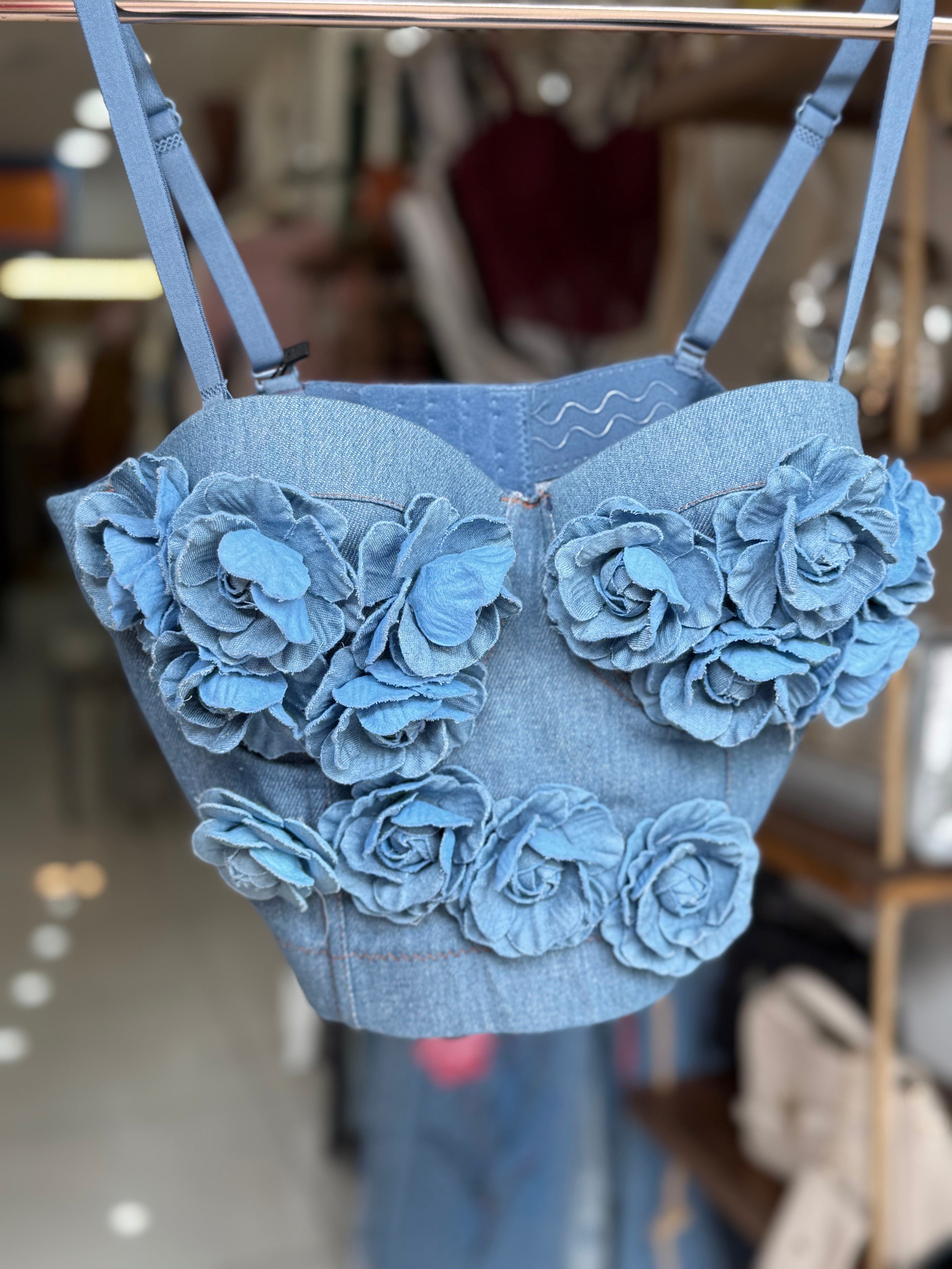 Floral denim padded corset crop top