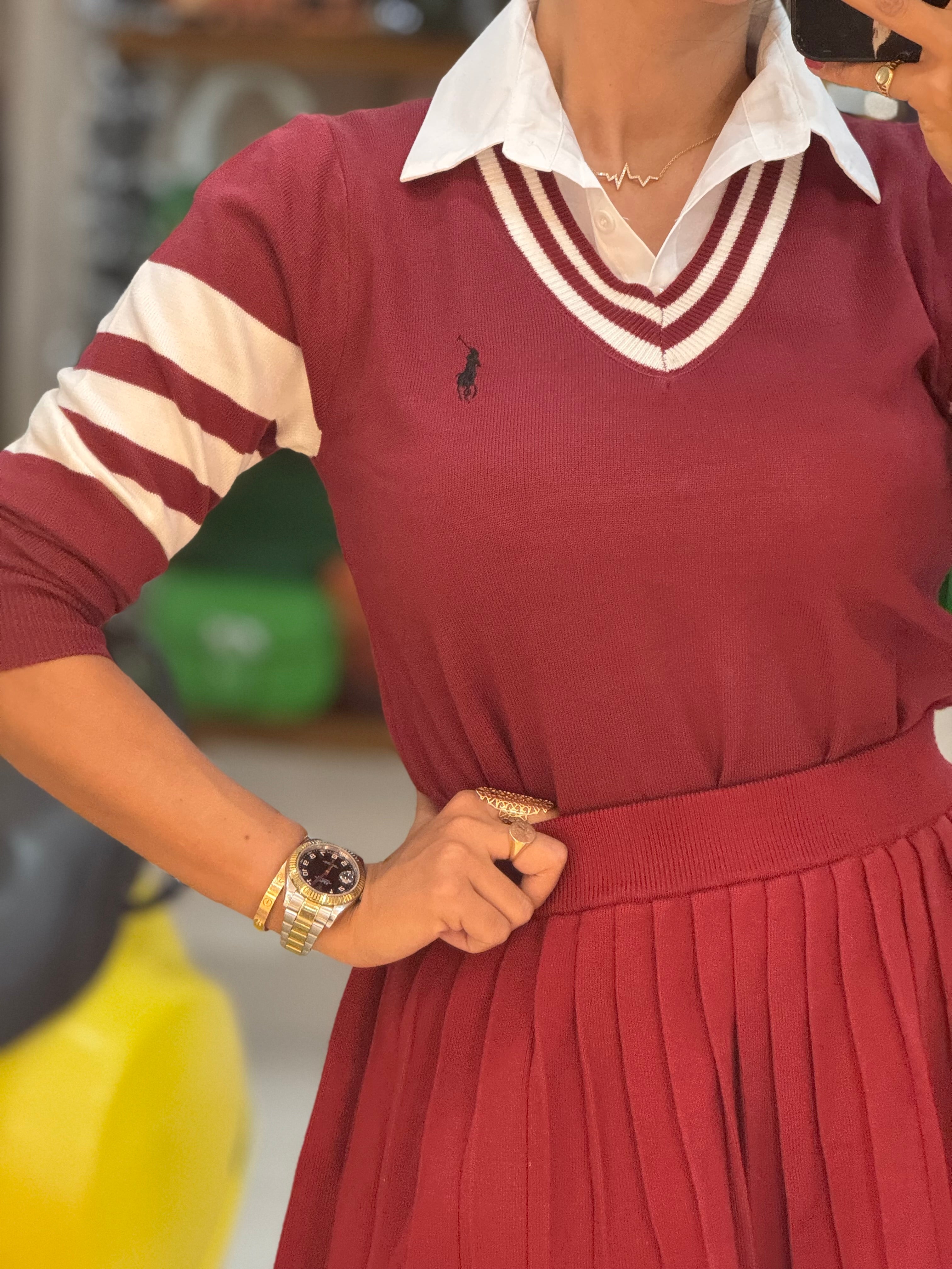 Preppy Knit Sweater with Striped Sleeves