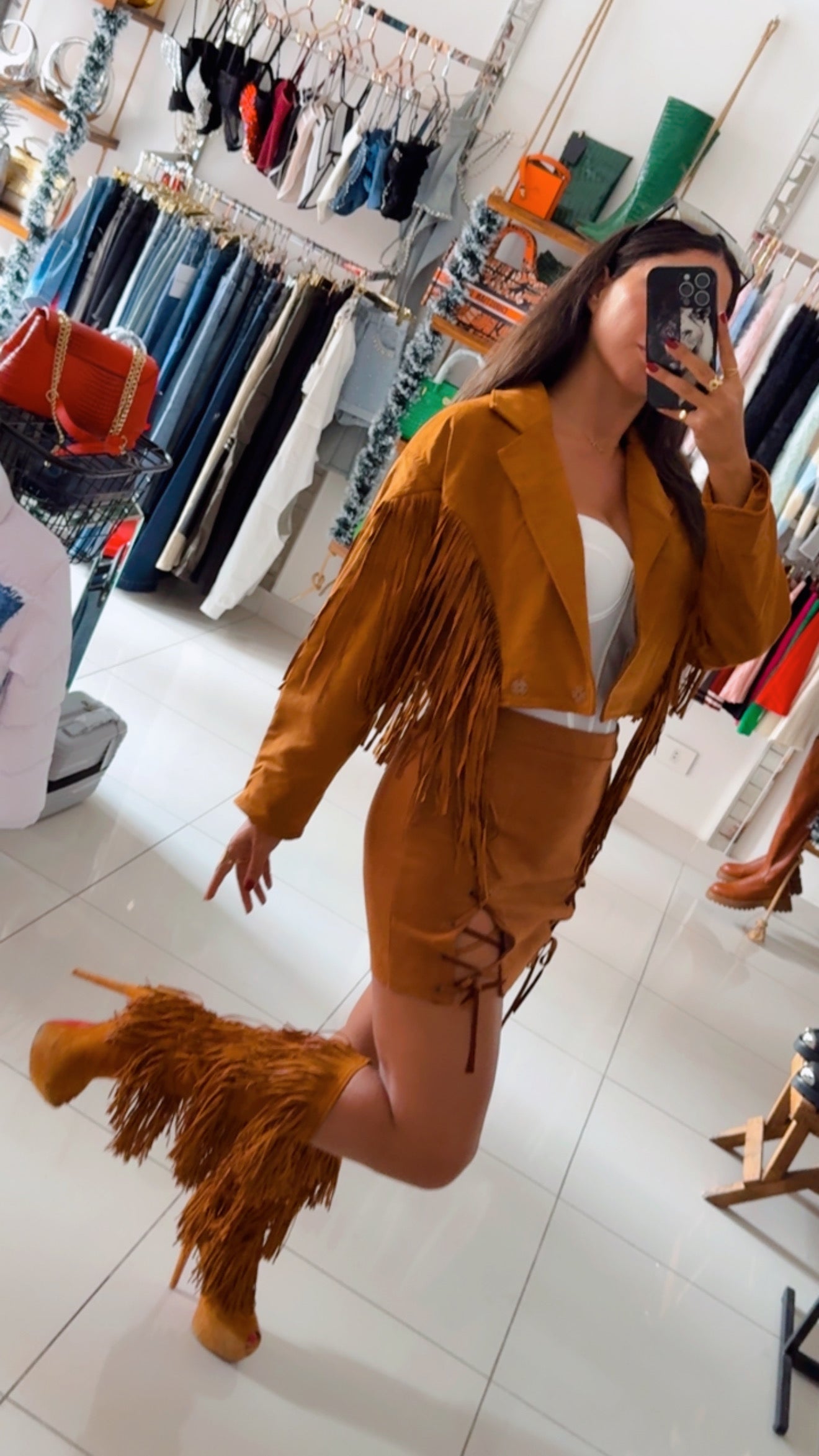 Fringe-Trim Light Brown Wool Jacket