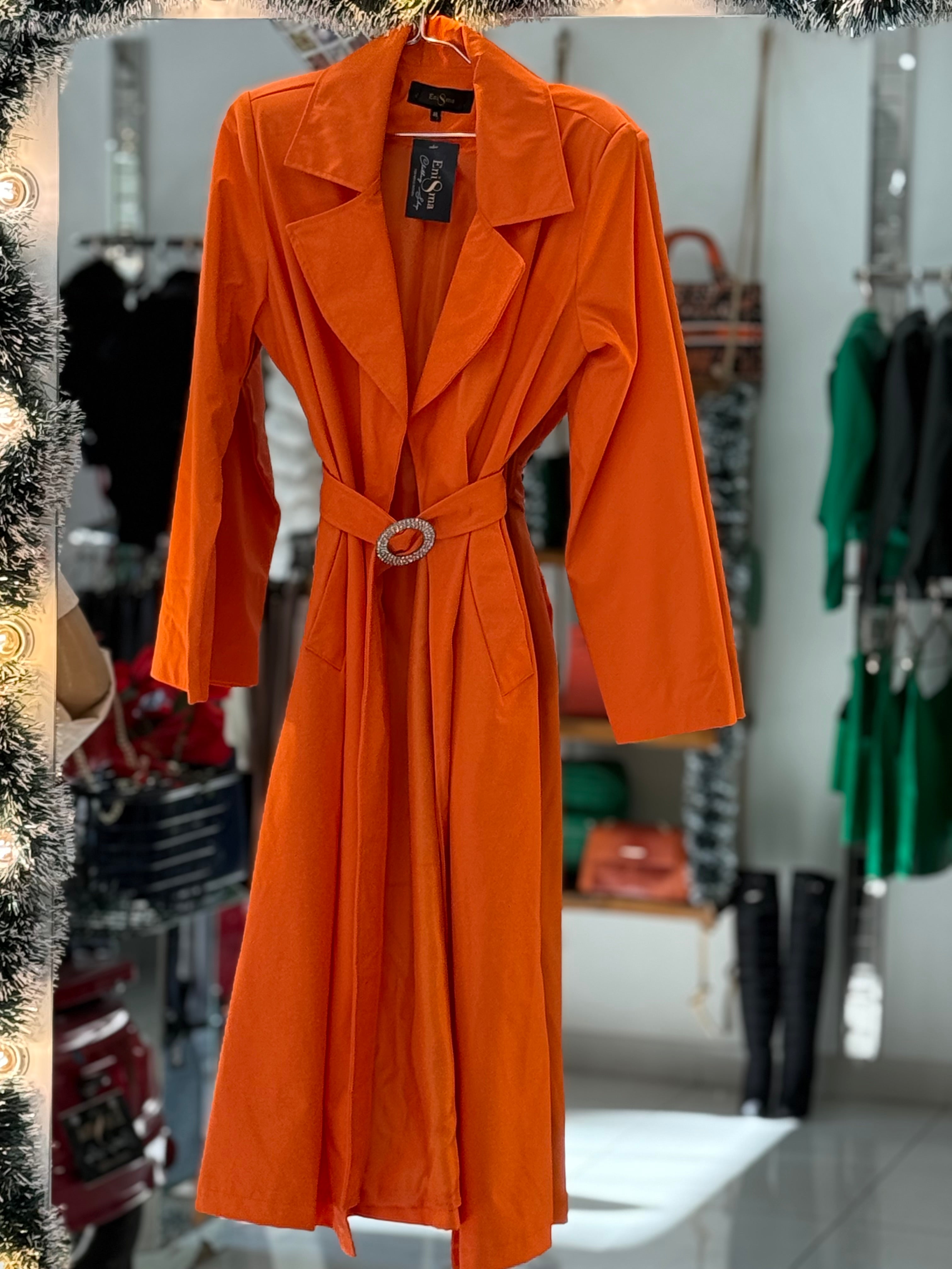 Leather long coat with stones belt