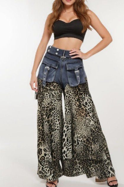 Leopard printed pattern denim pants