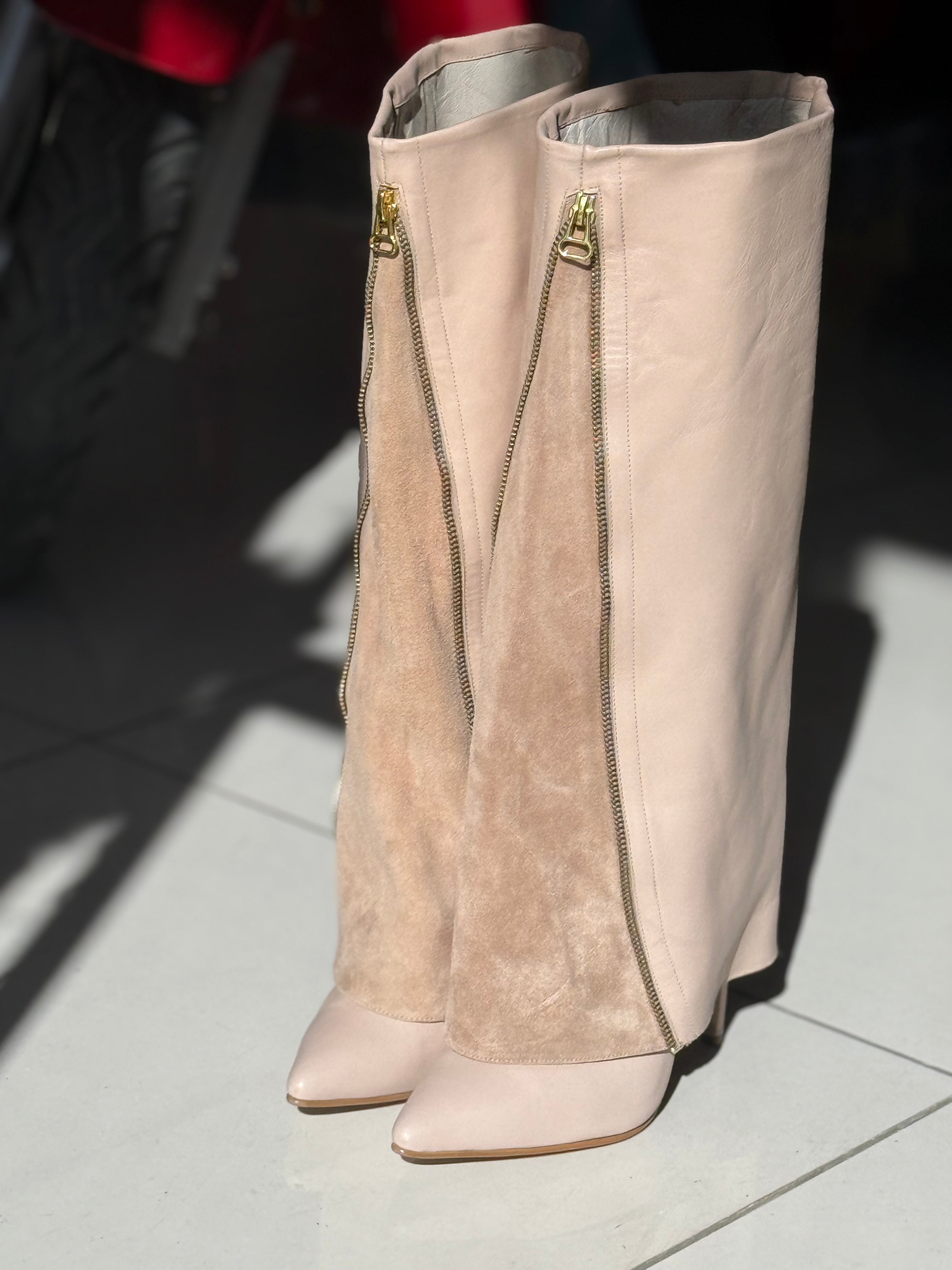 Real Leather Beige High-Heel Zipper Boots