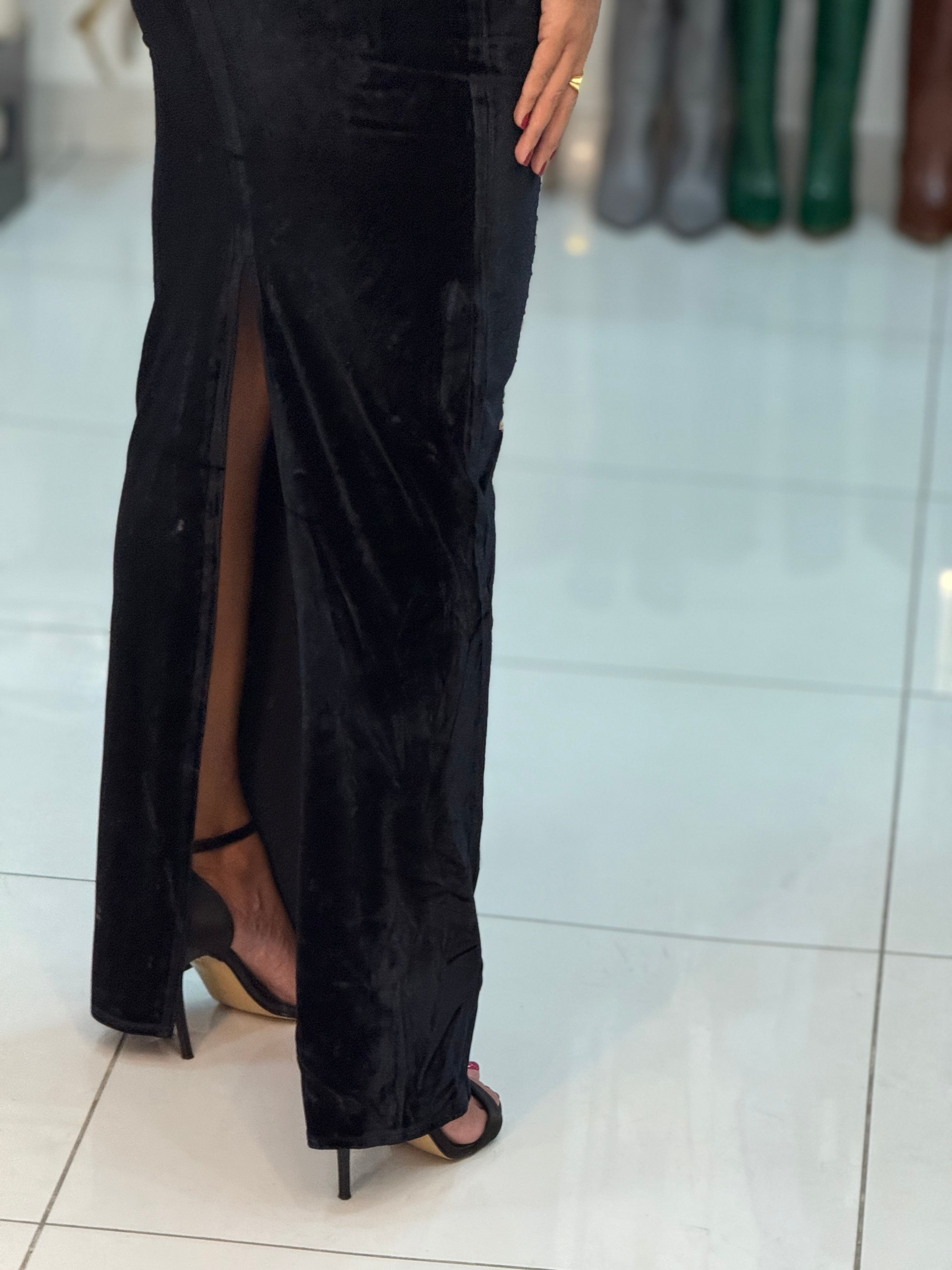 Rhinestone Black Velvet Maxi Dress – Multicolour Sparkle Glam