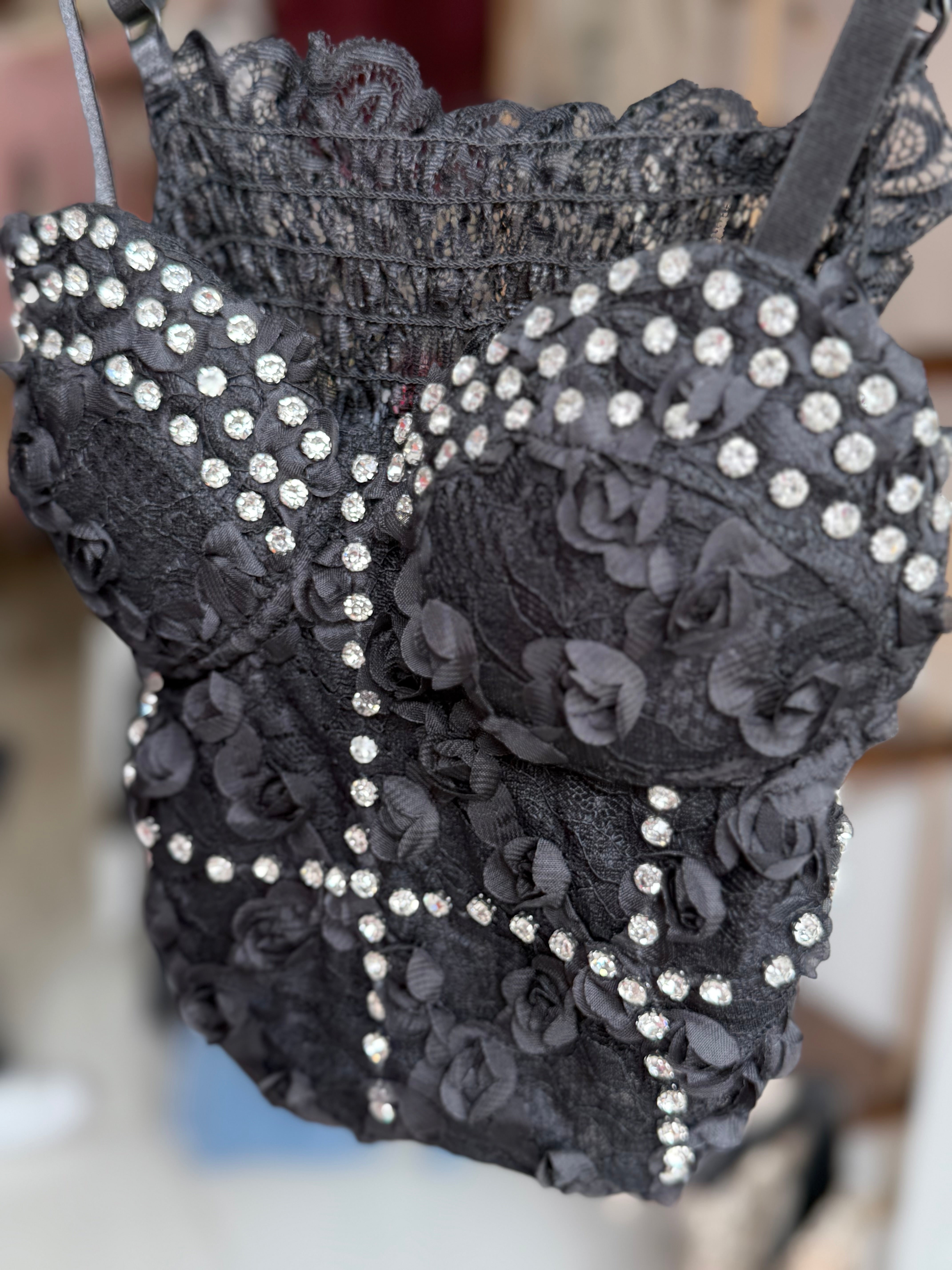 Strass‑Embellished Crop Corset with Built‑in Breast Pads – Black & Denim