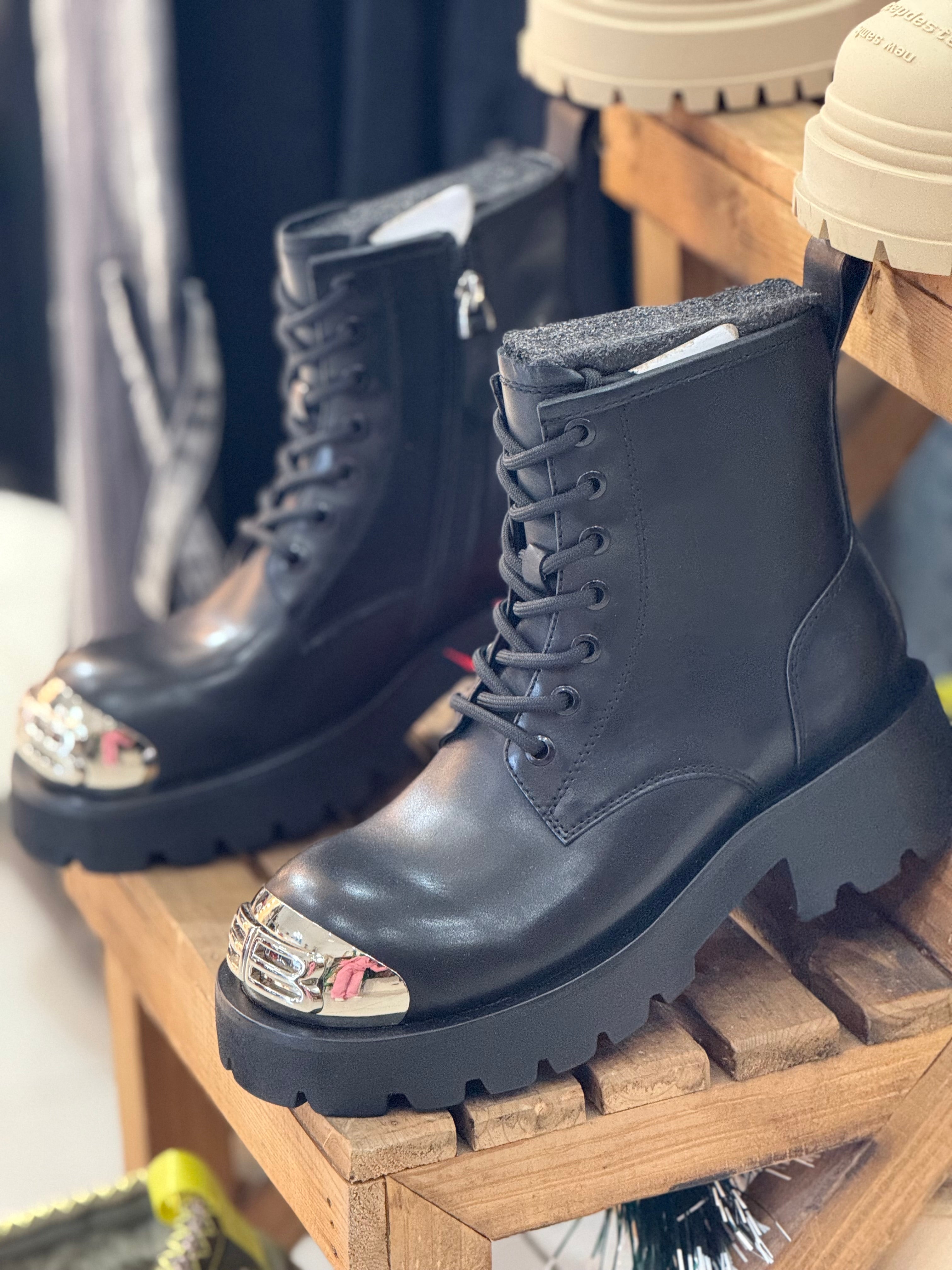 Black Combat Boots with Metallic Toe Detail