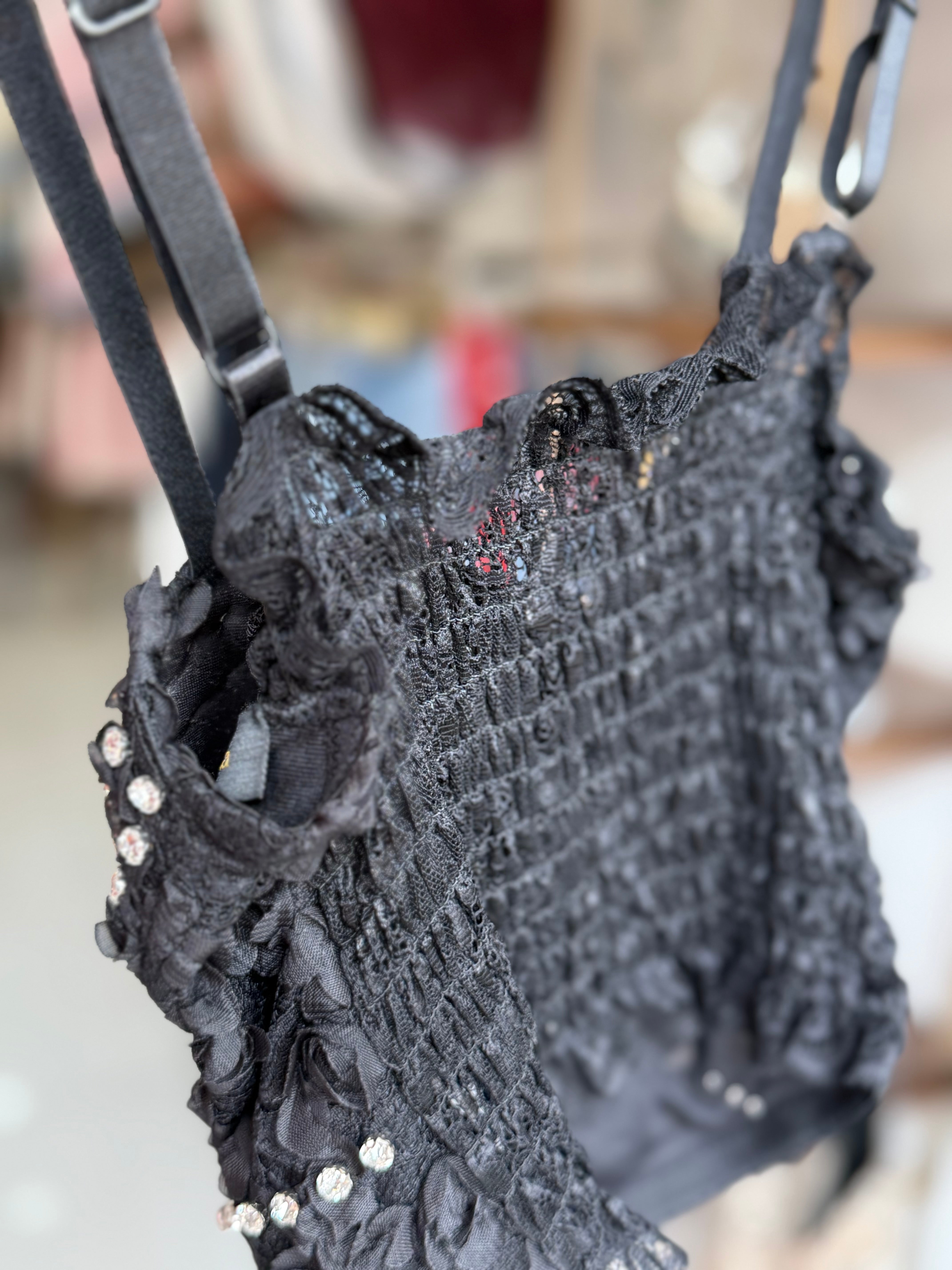 Strass‑Embellished Crop Corset with Built‑in Breast Pads – Black & Denim