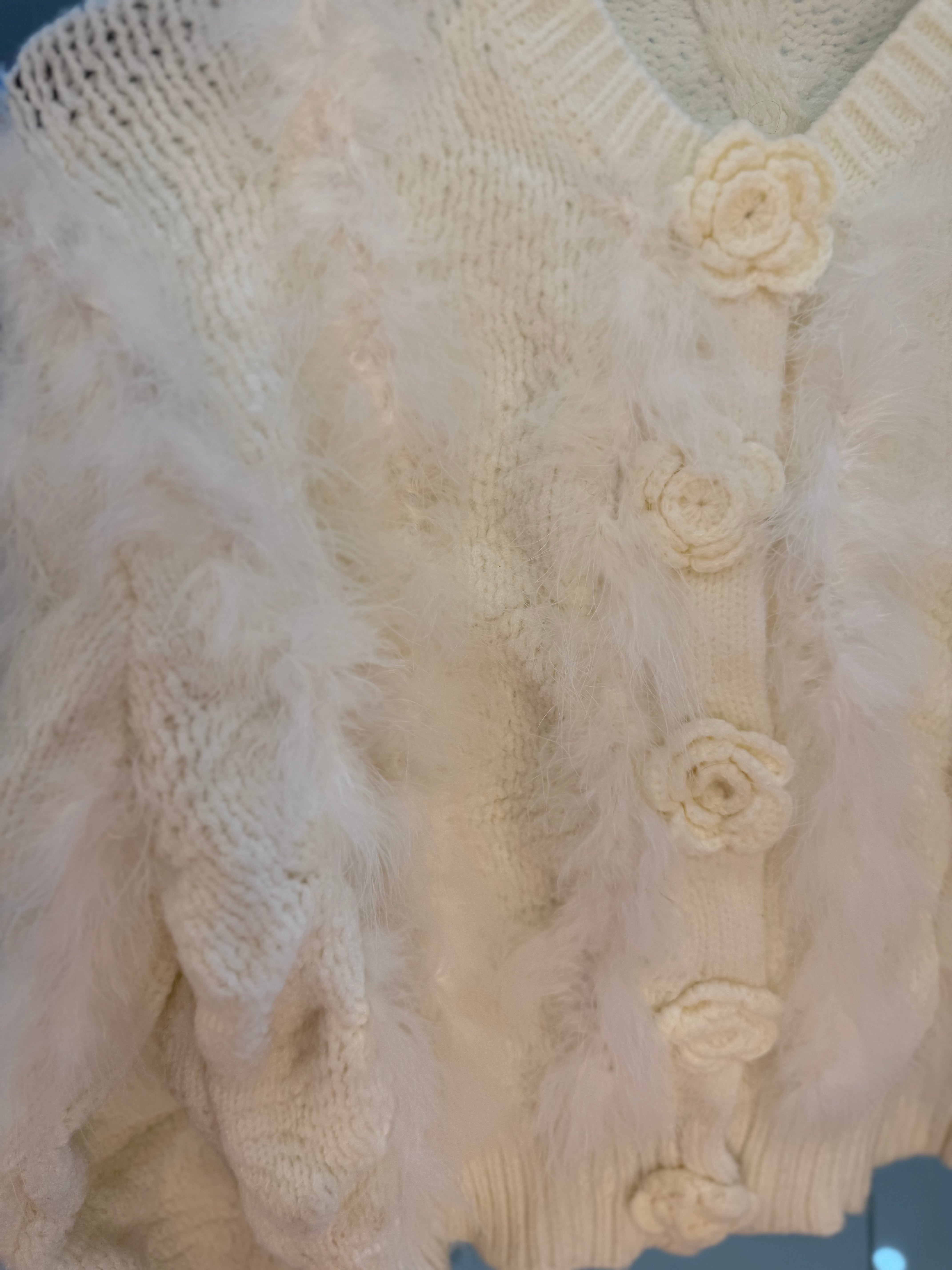 Off-White Fur & Wool Sweater with Flower Buttons