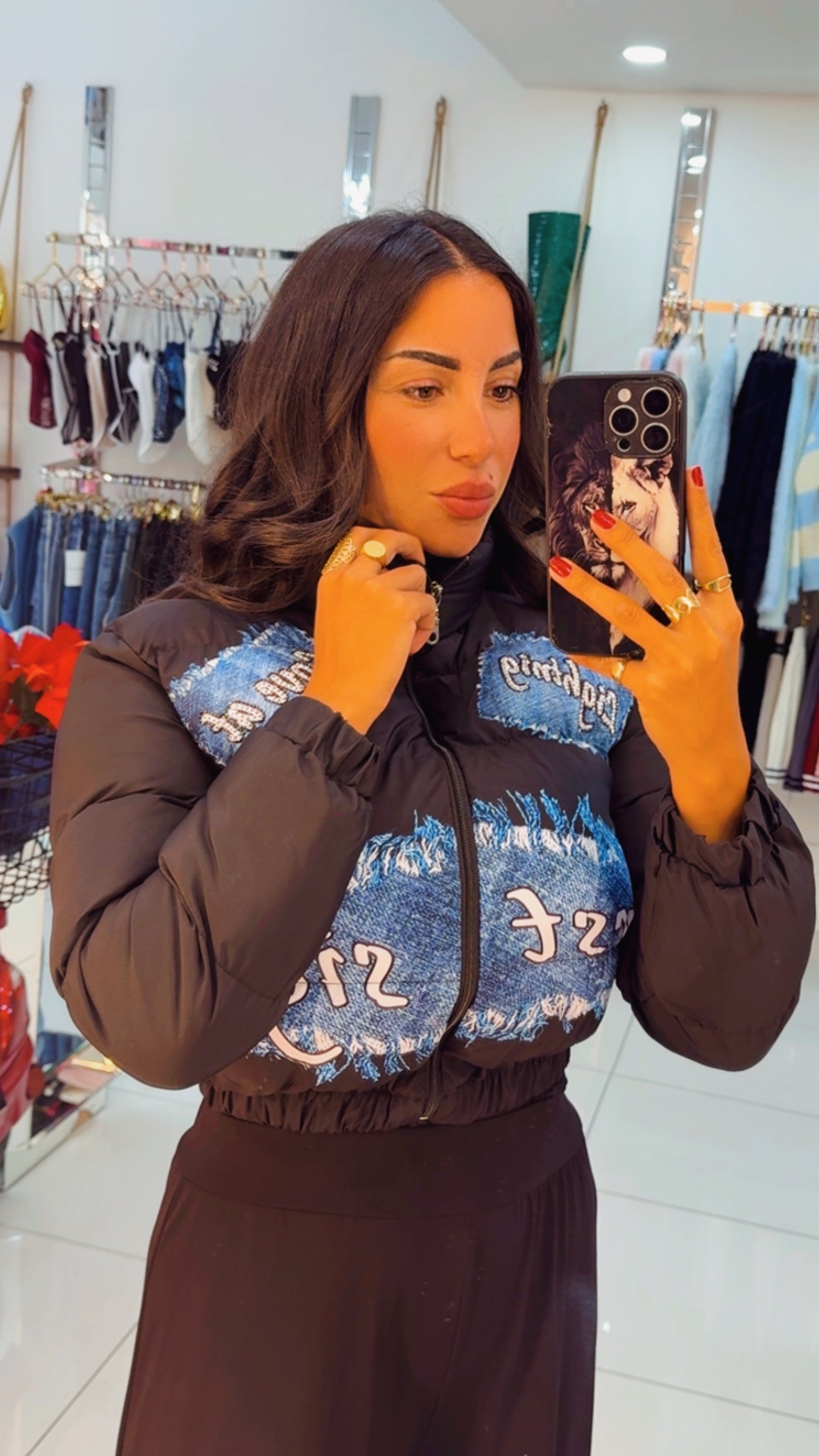 Puff crop jacket with denim