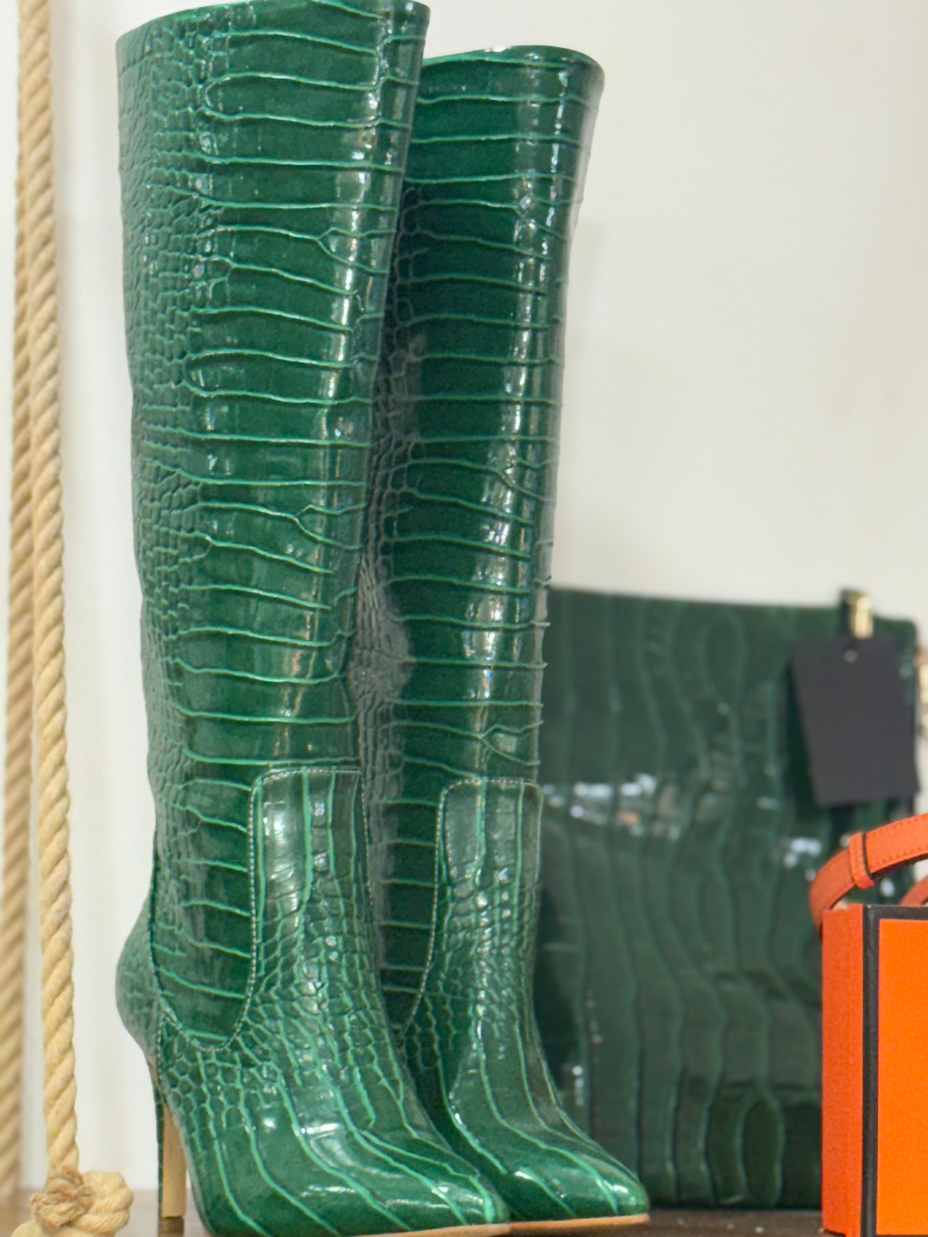 Leather croco high heels boots