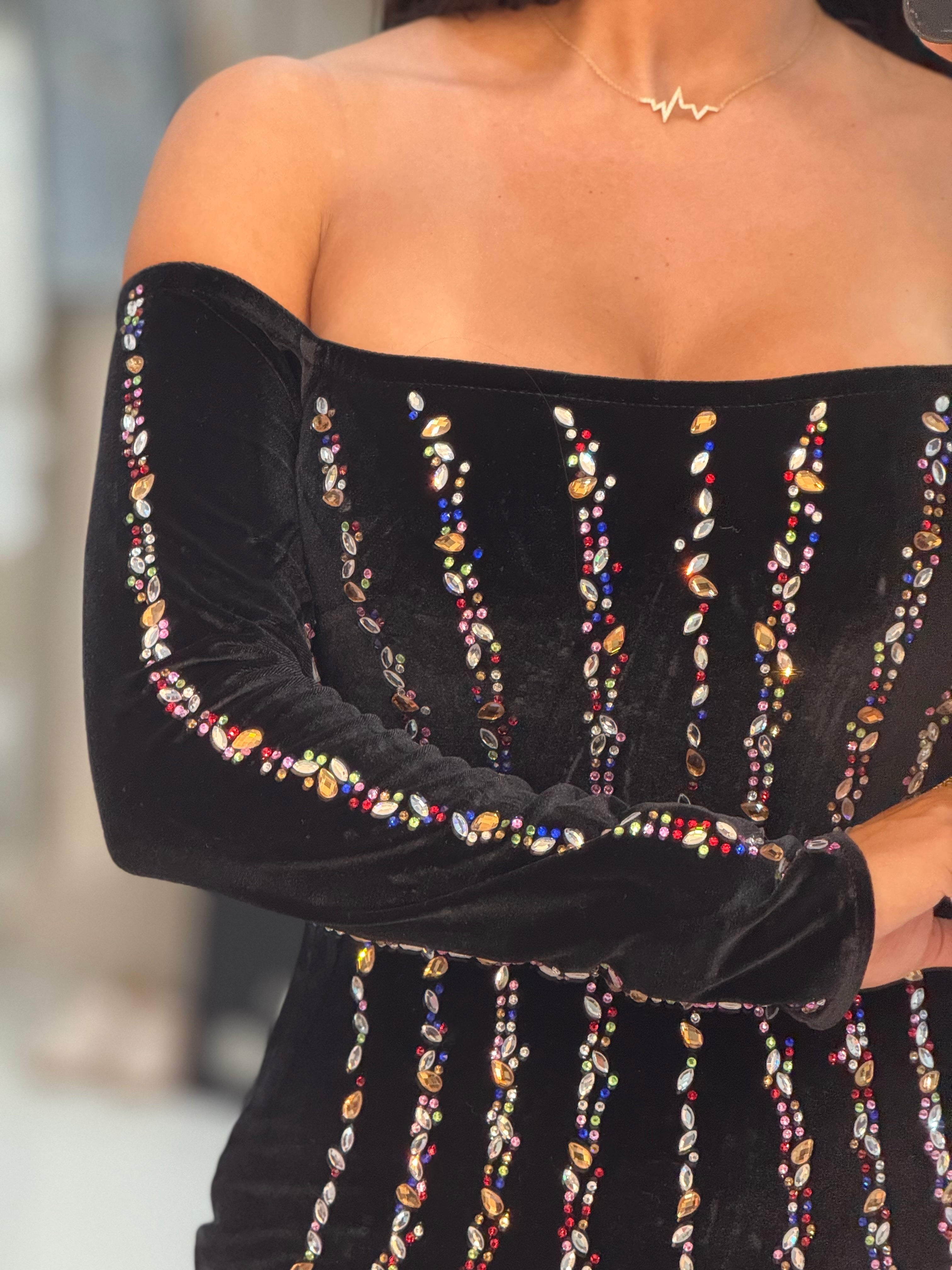 Rhinestone Black Velvet Maxi Dress – Multicolour Sparkle Glam