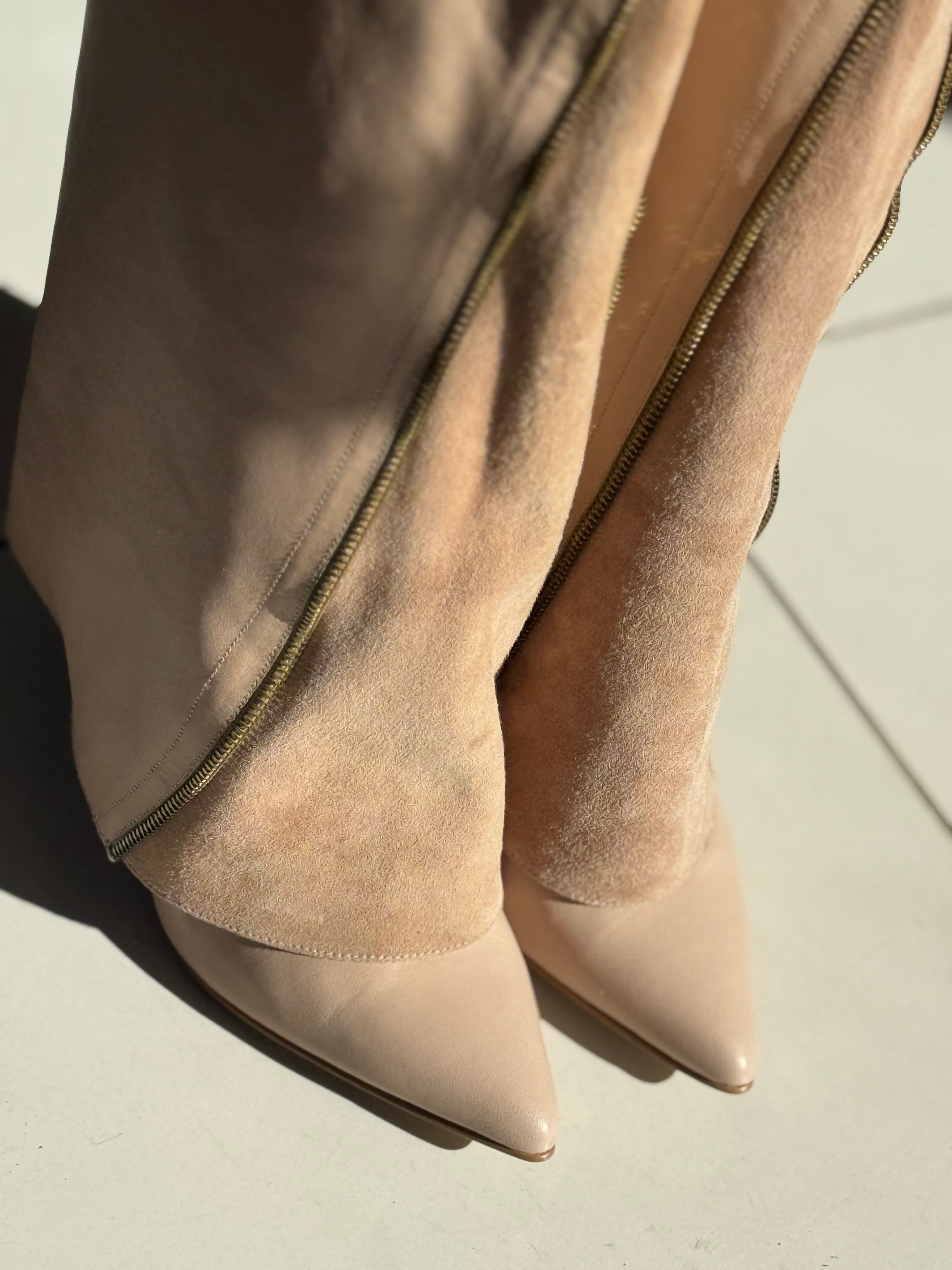 Real Leather Beige High-Heel Zipper Boots