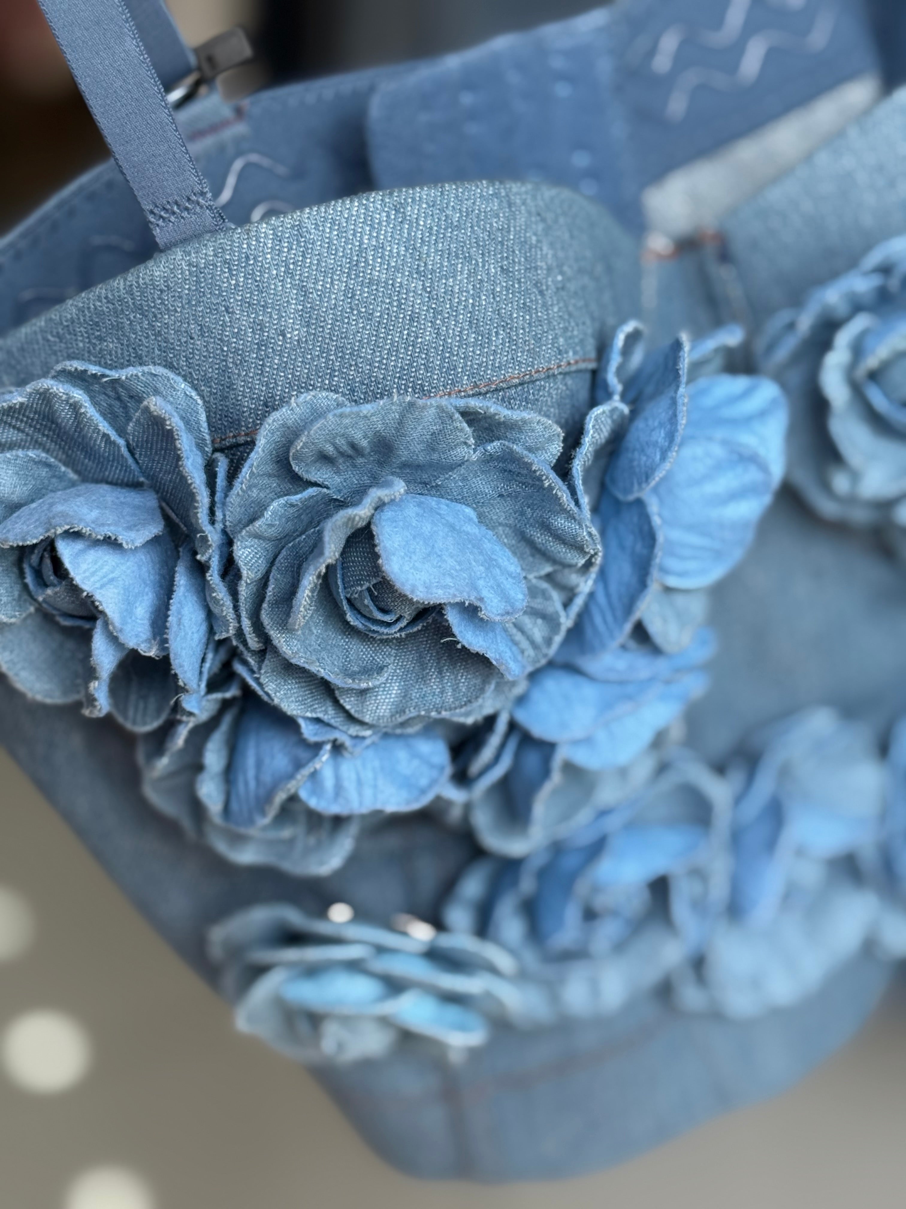 Floral denim padded corset crop top