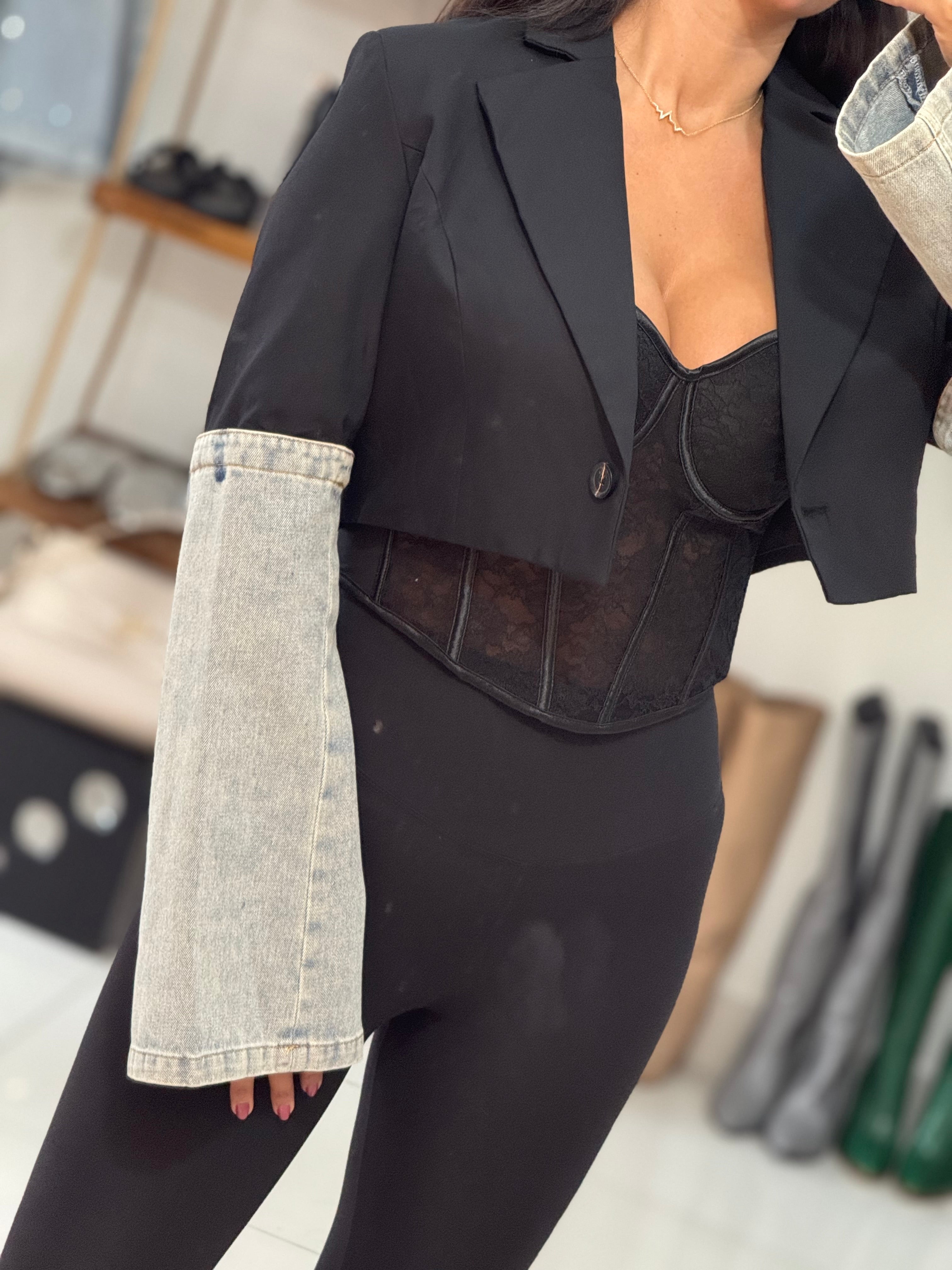 Crop jacket with denim sleeves