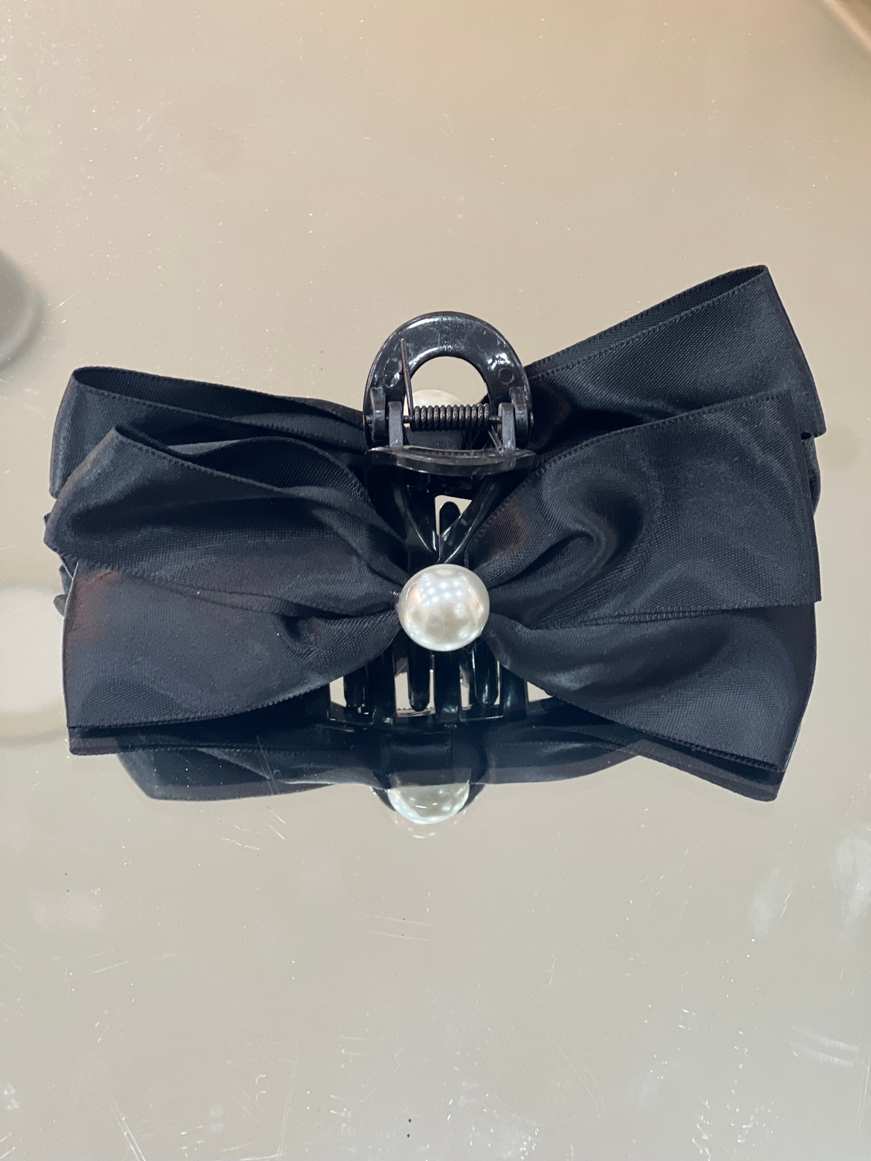 Satin Black Ribbon With Pearl Hair Clips