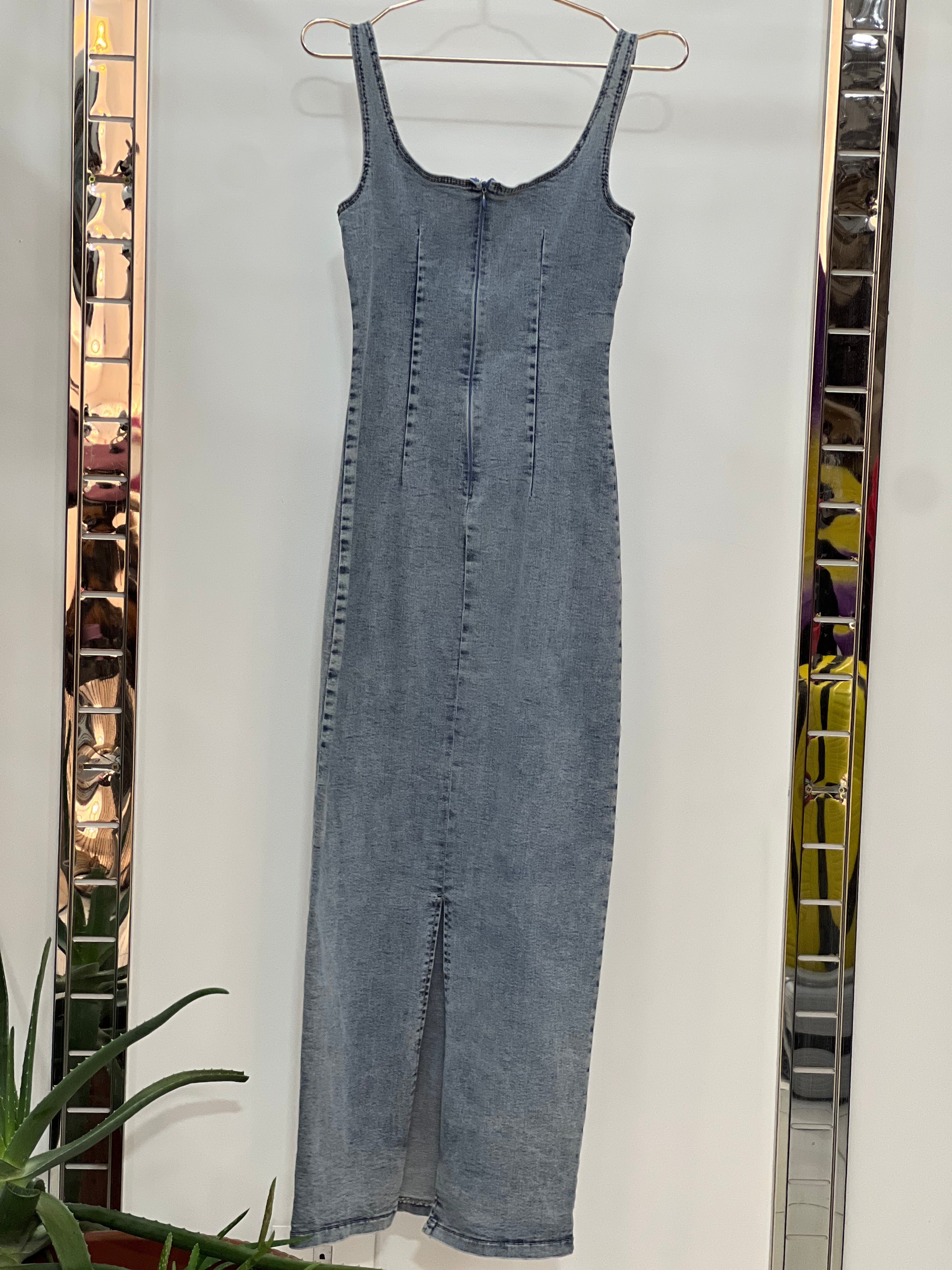 Fitted Scoop-Neck Stretch Denim Dress