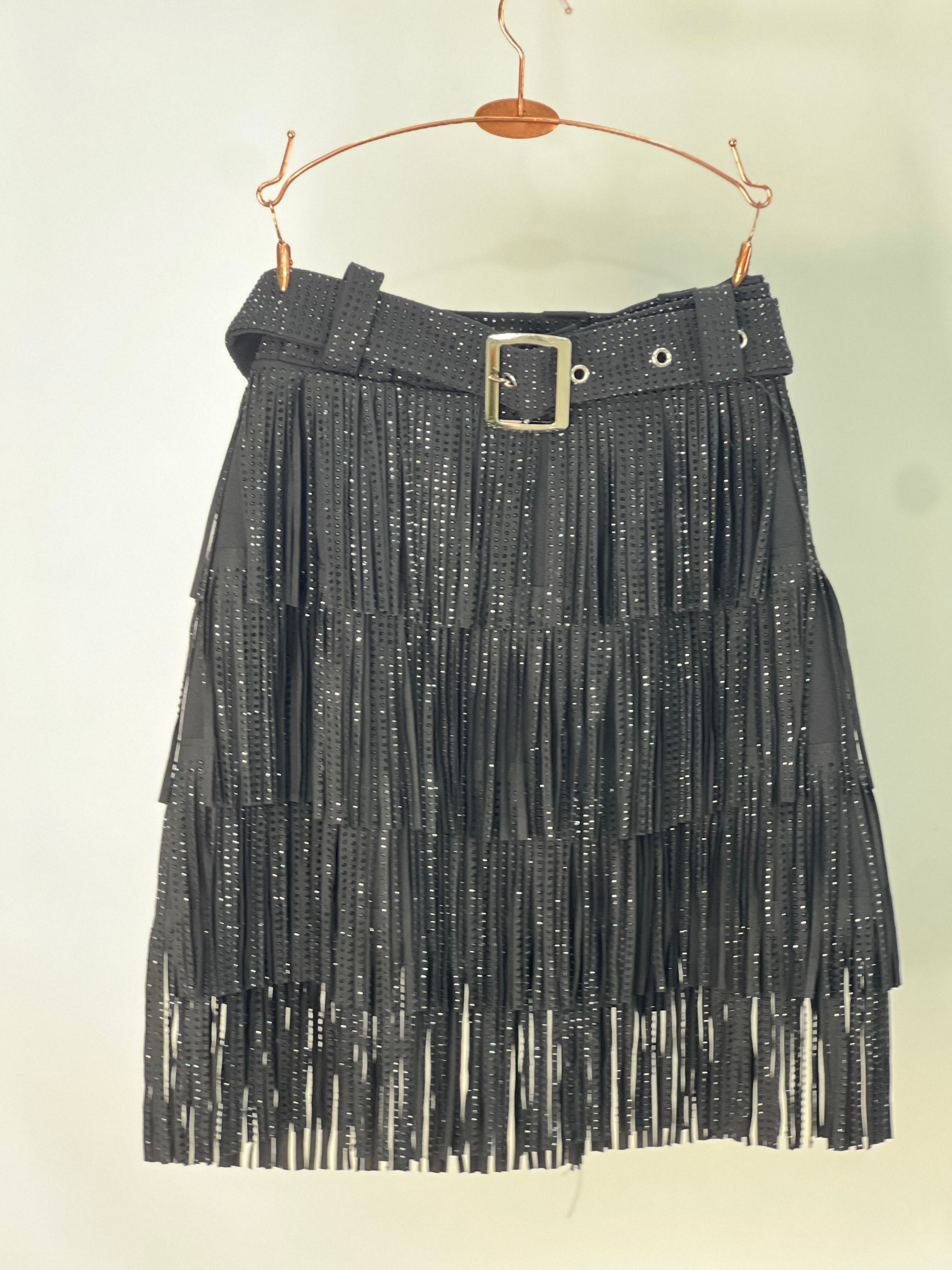 Midnight Spark – Embellished Skirt with Stoned Tassels & Belt