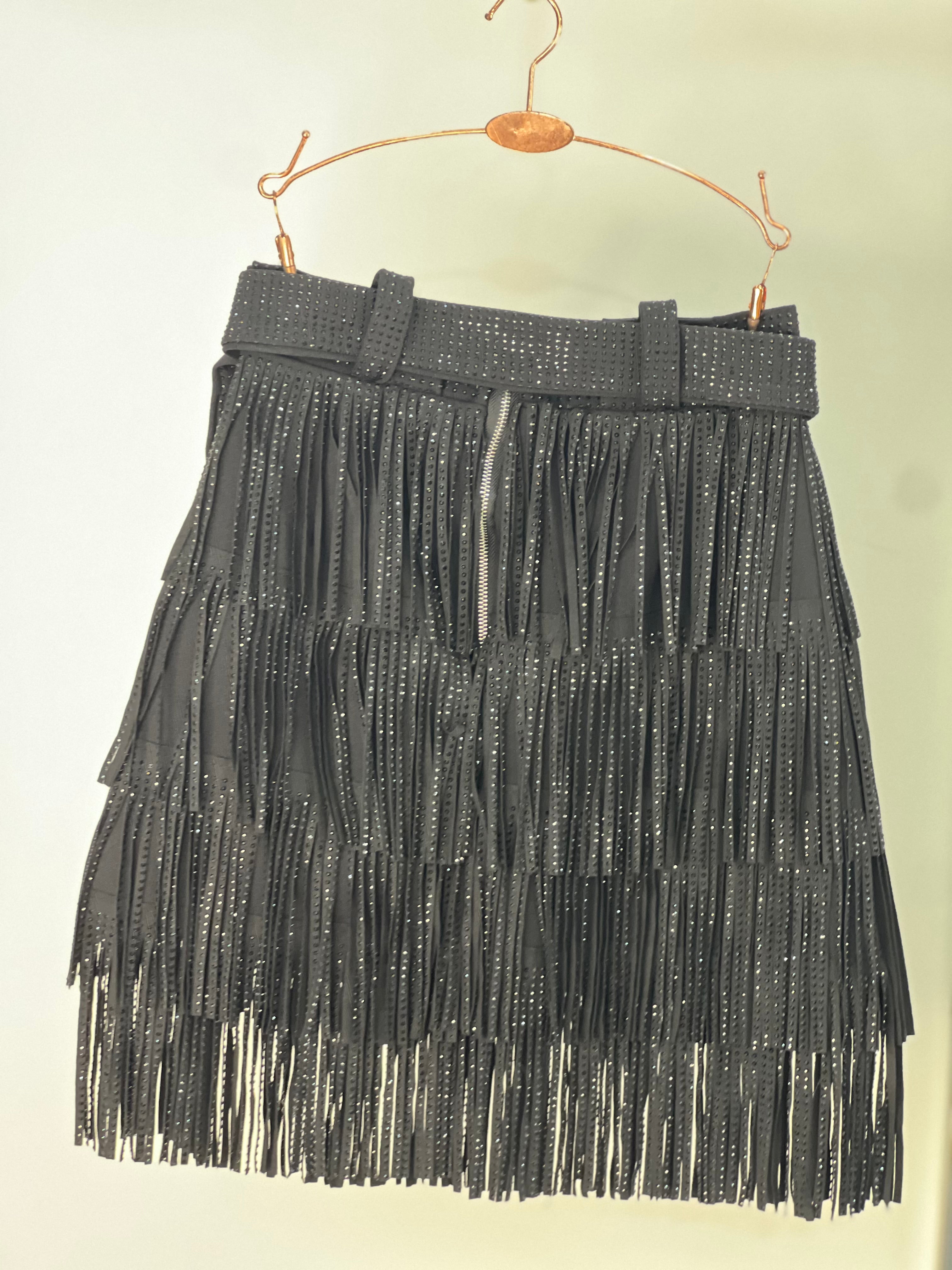 Midnight Spark – Embellished Skirt with Stoned Tassels & Belt