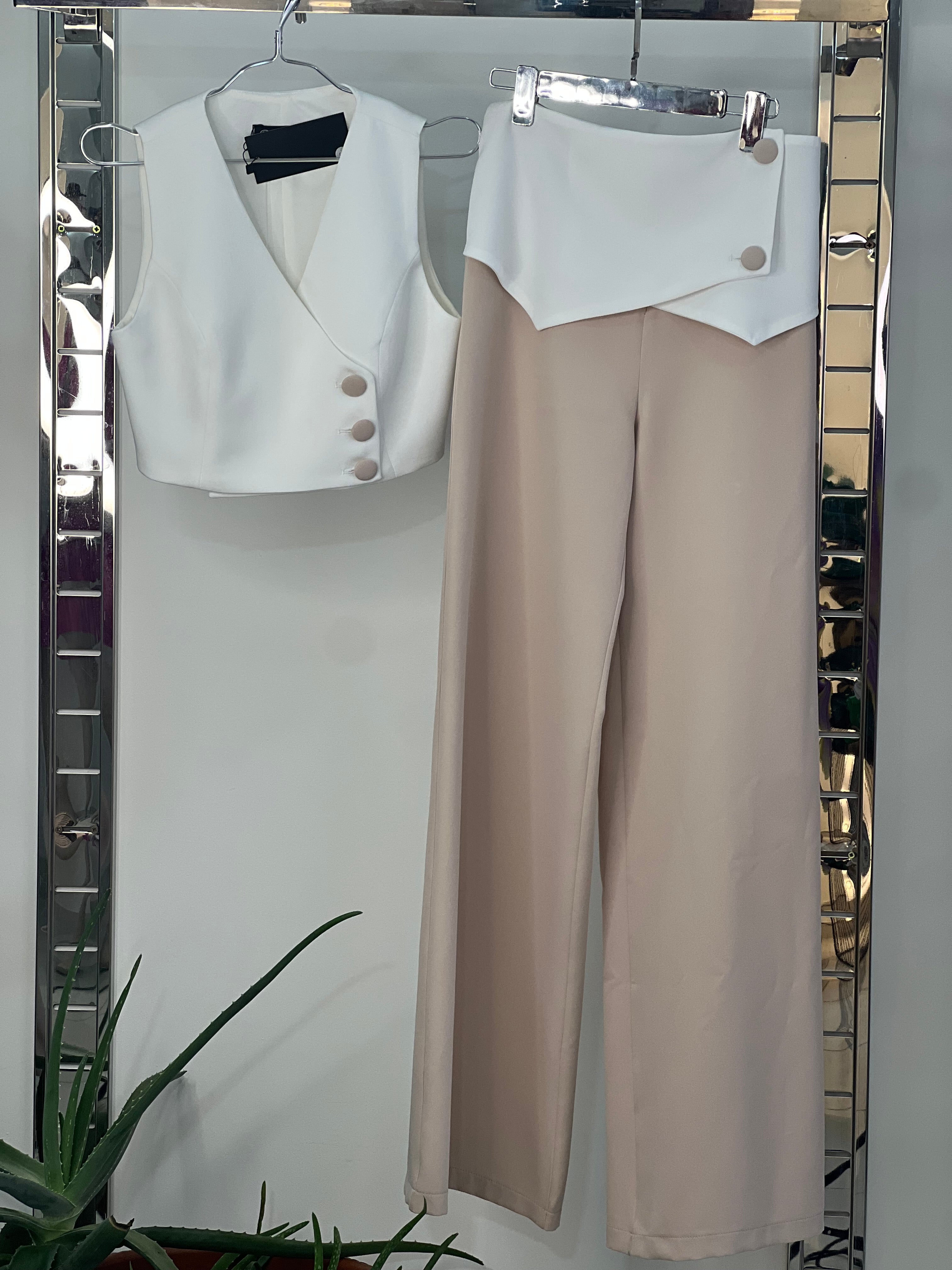 Chic White Two-Piece Set with Asymmetrical Button Detailing