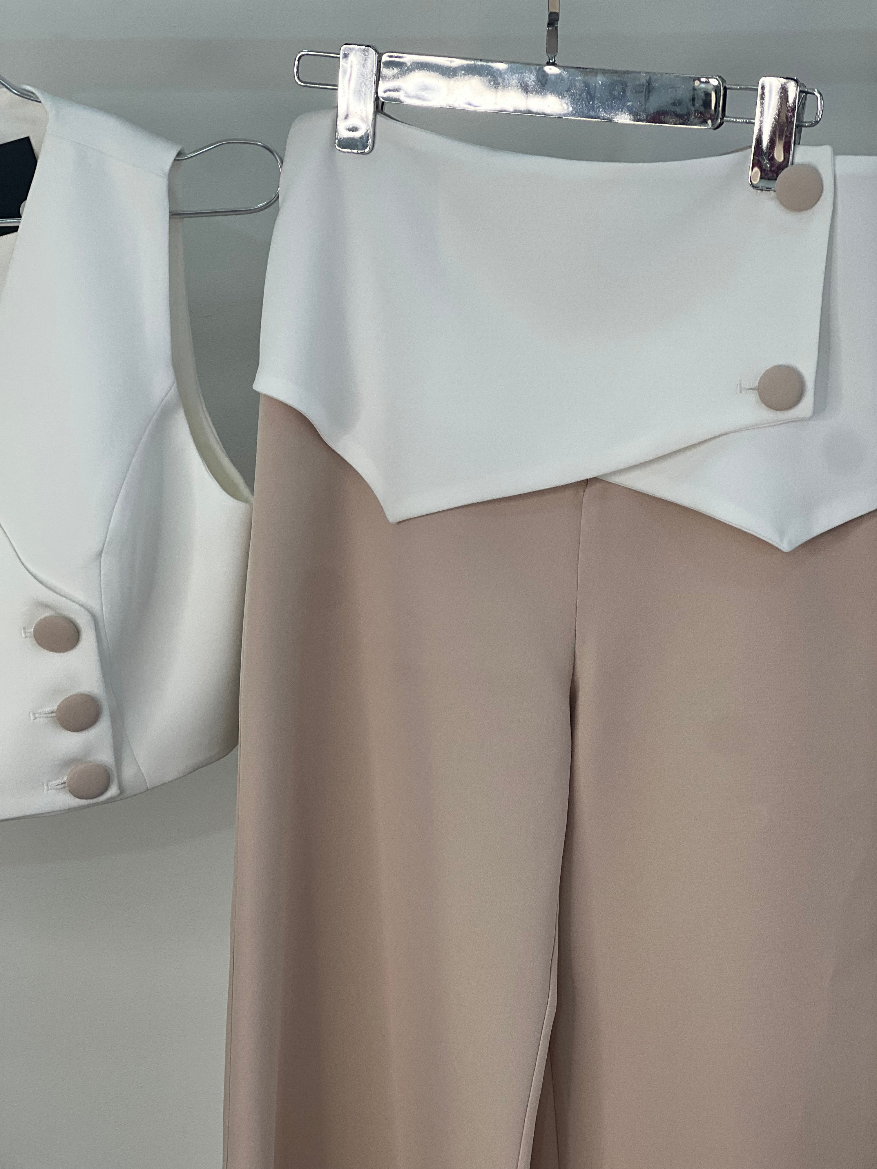 Chic White Two-Piece Set with Asymmetrical Button Detailing