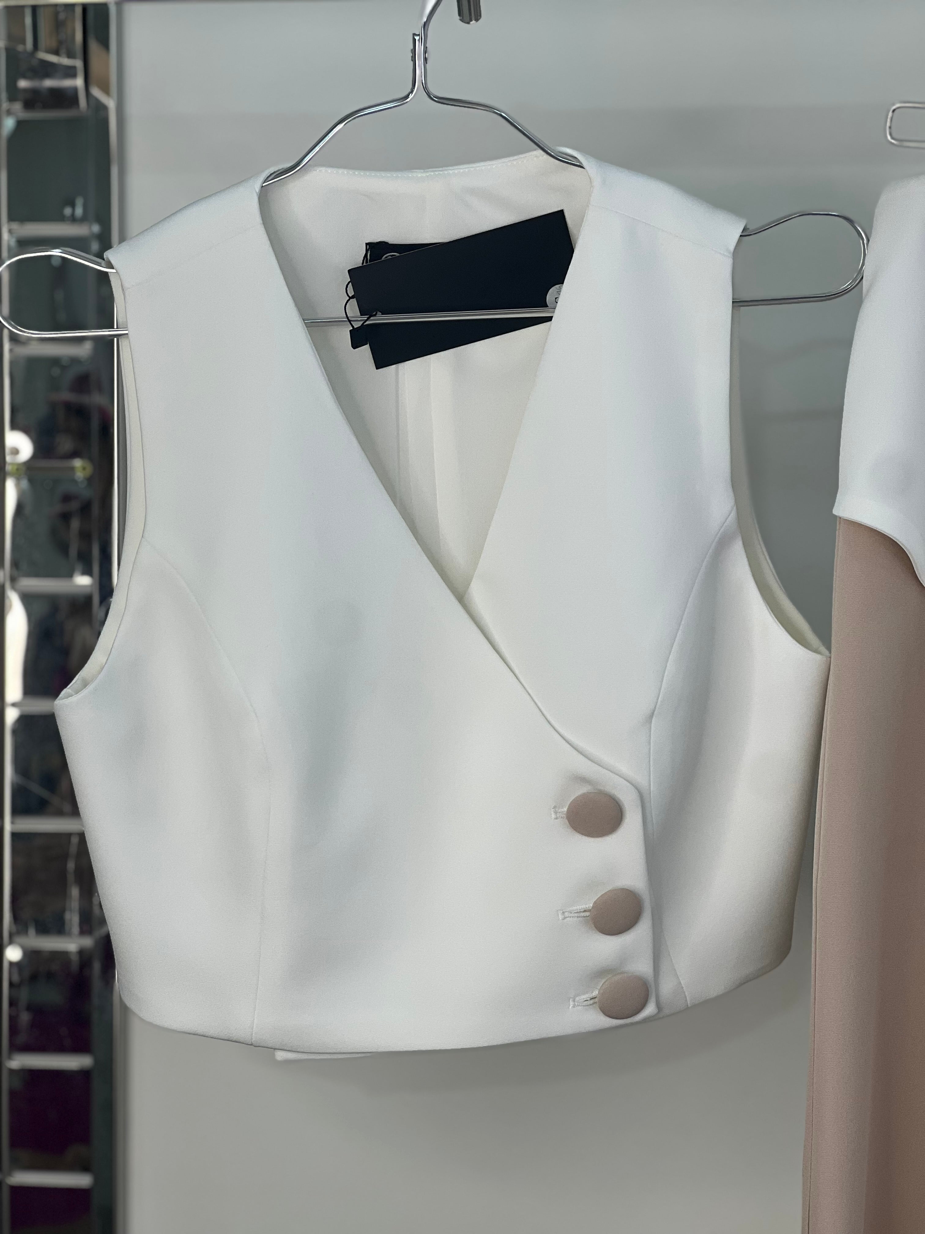 Chic White Two-Piece Set with Asymmetrical Button Detailing