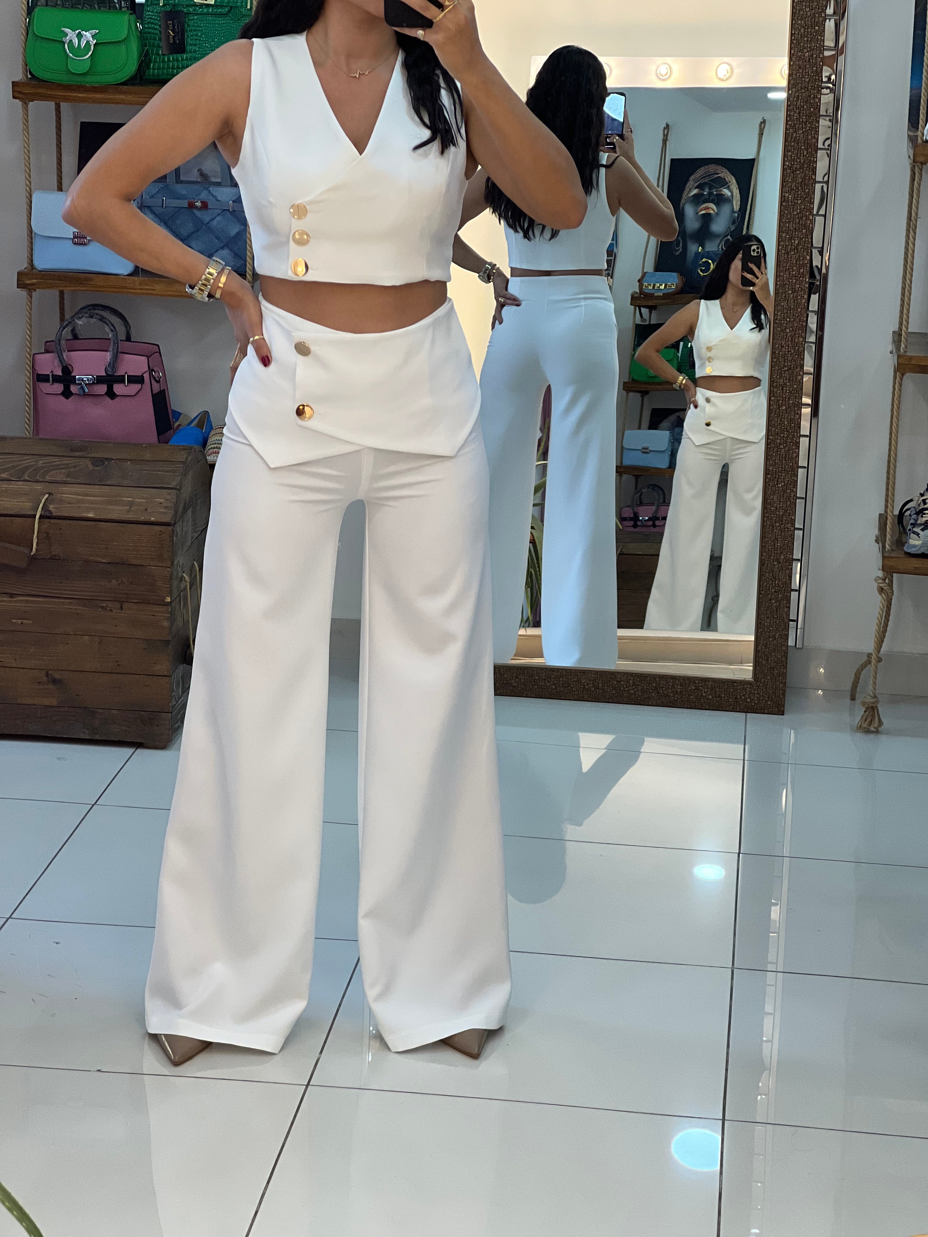 Chic White Two-Piece Set with Asymmetrical Button Detailing