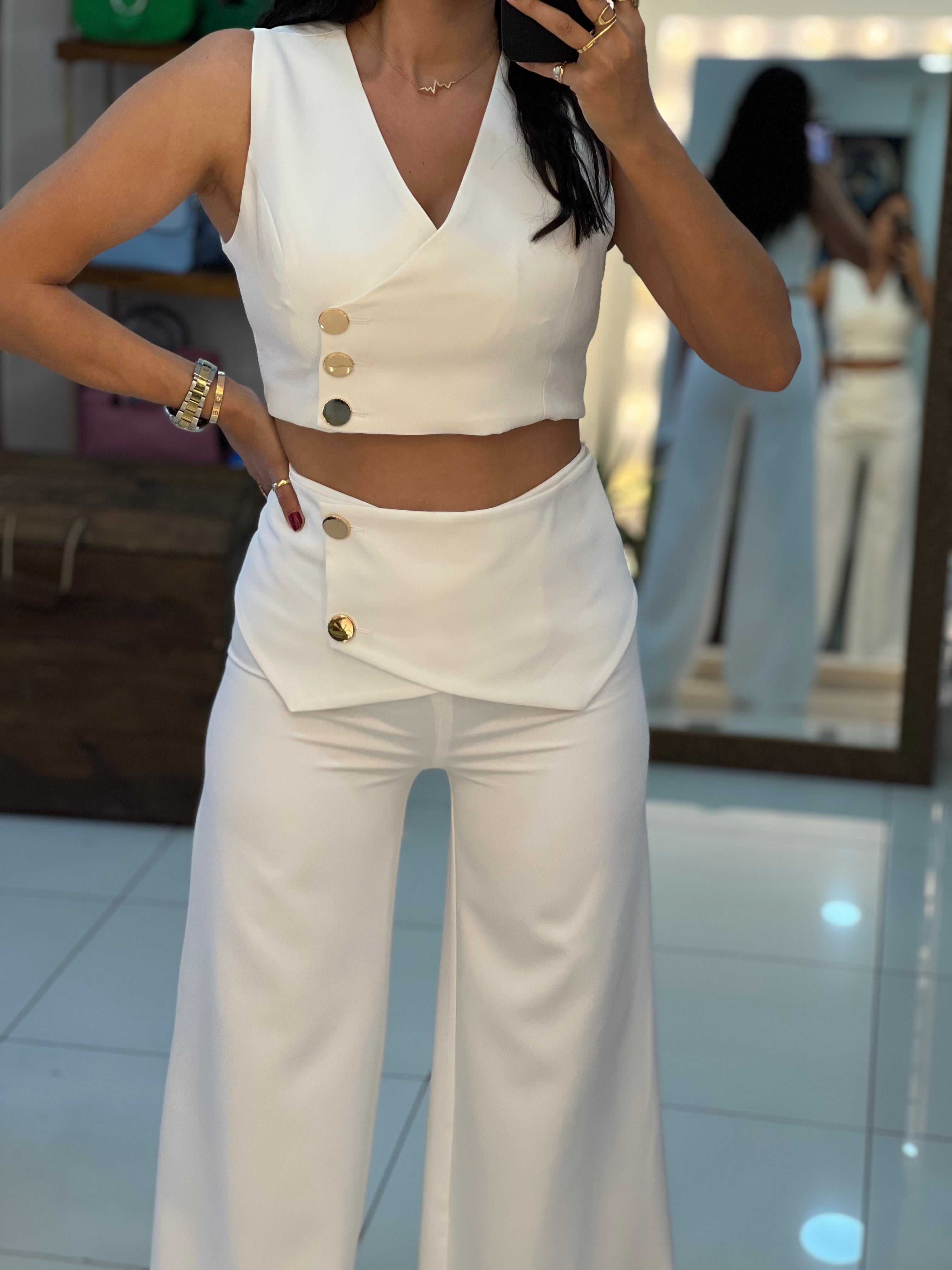 Chic White Two-Piece Set with Asymmetrical Button Detailing