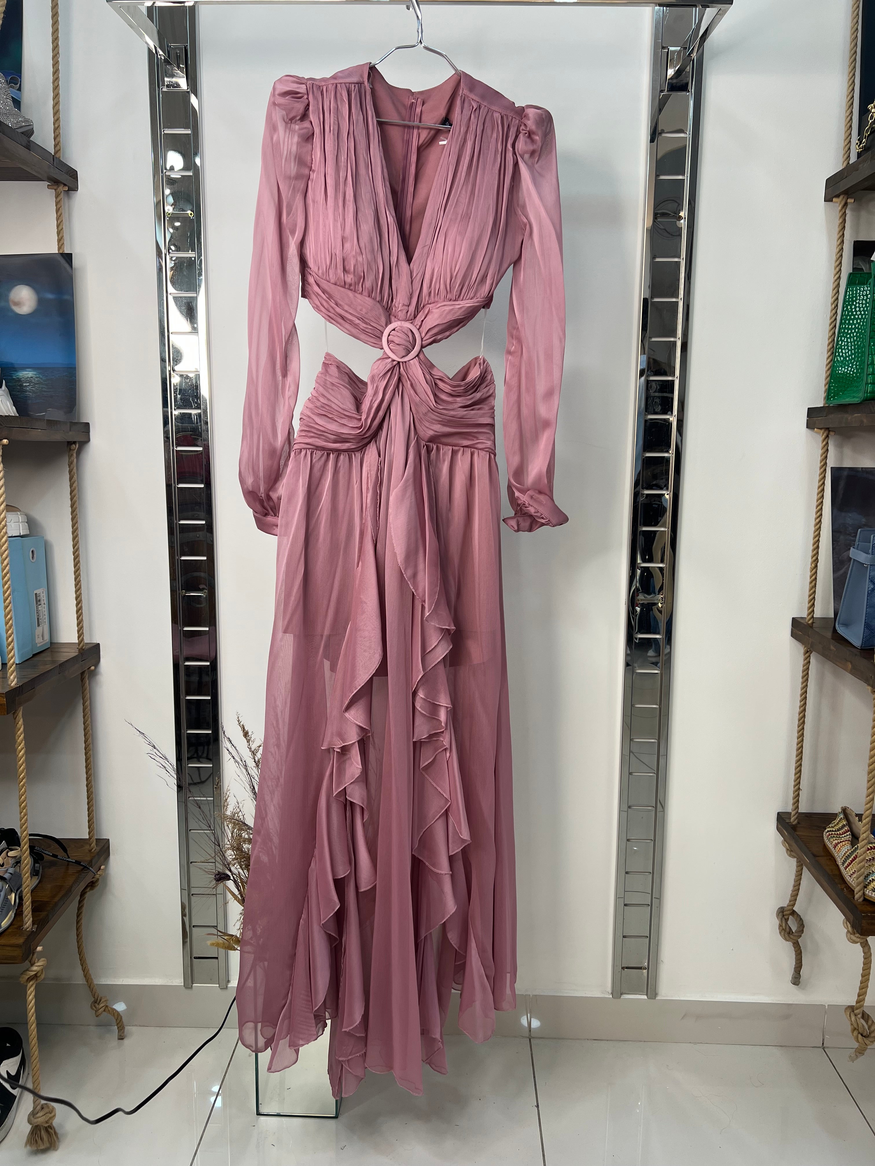 Elegant Evening Gown with Pleated Bodice and Ruffle Details