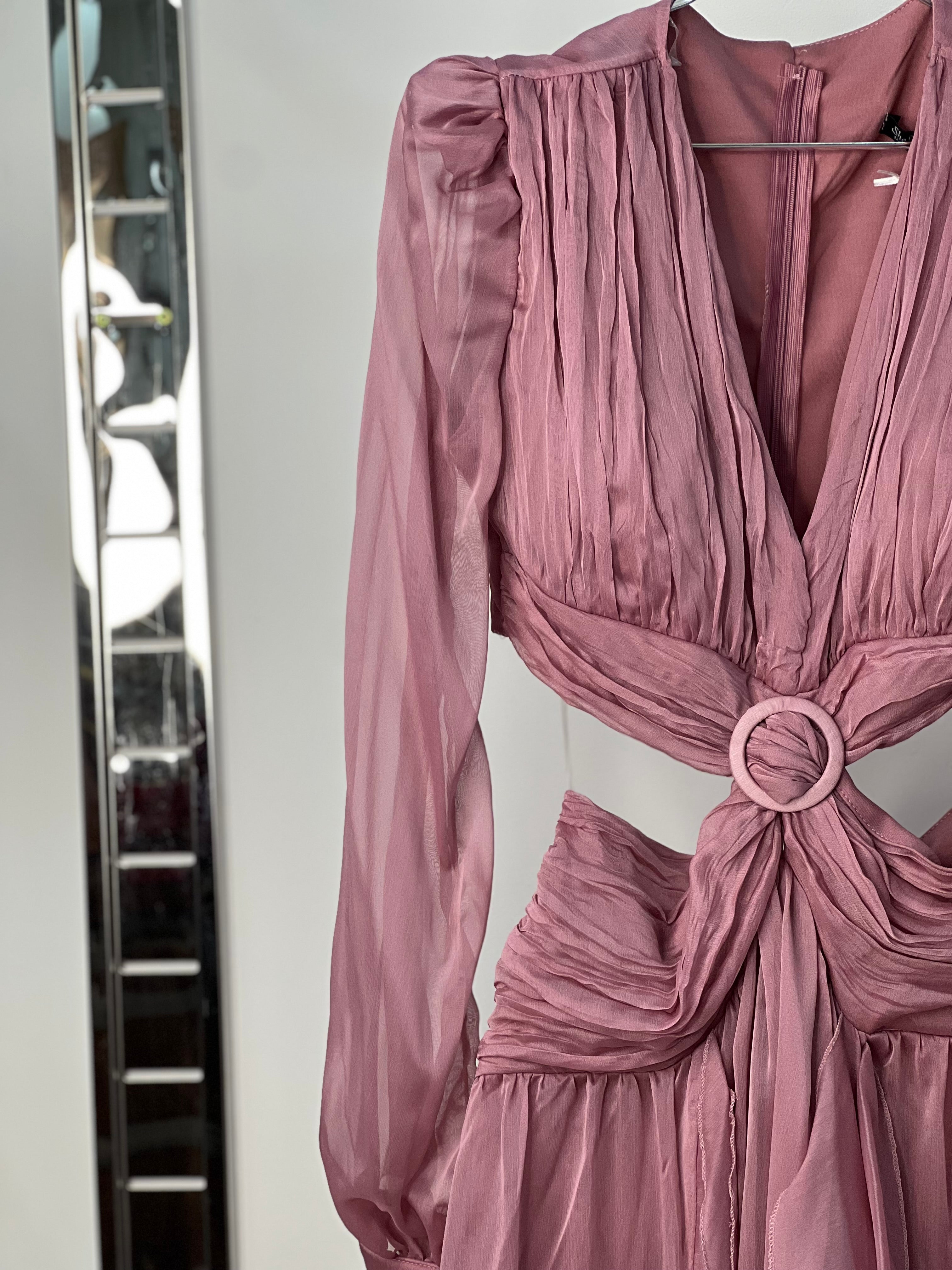 Elegant Evening Gown with Pleated Bodice and Ruffle Details