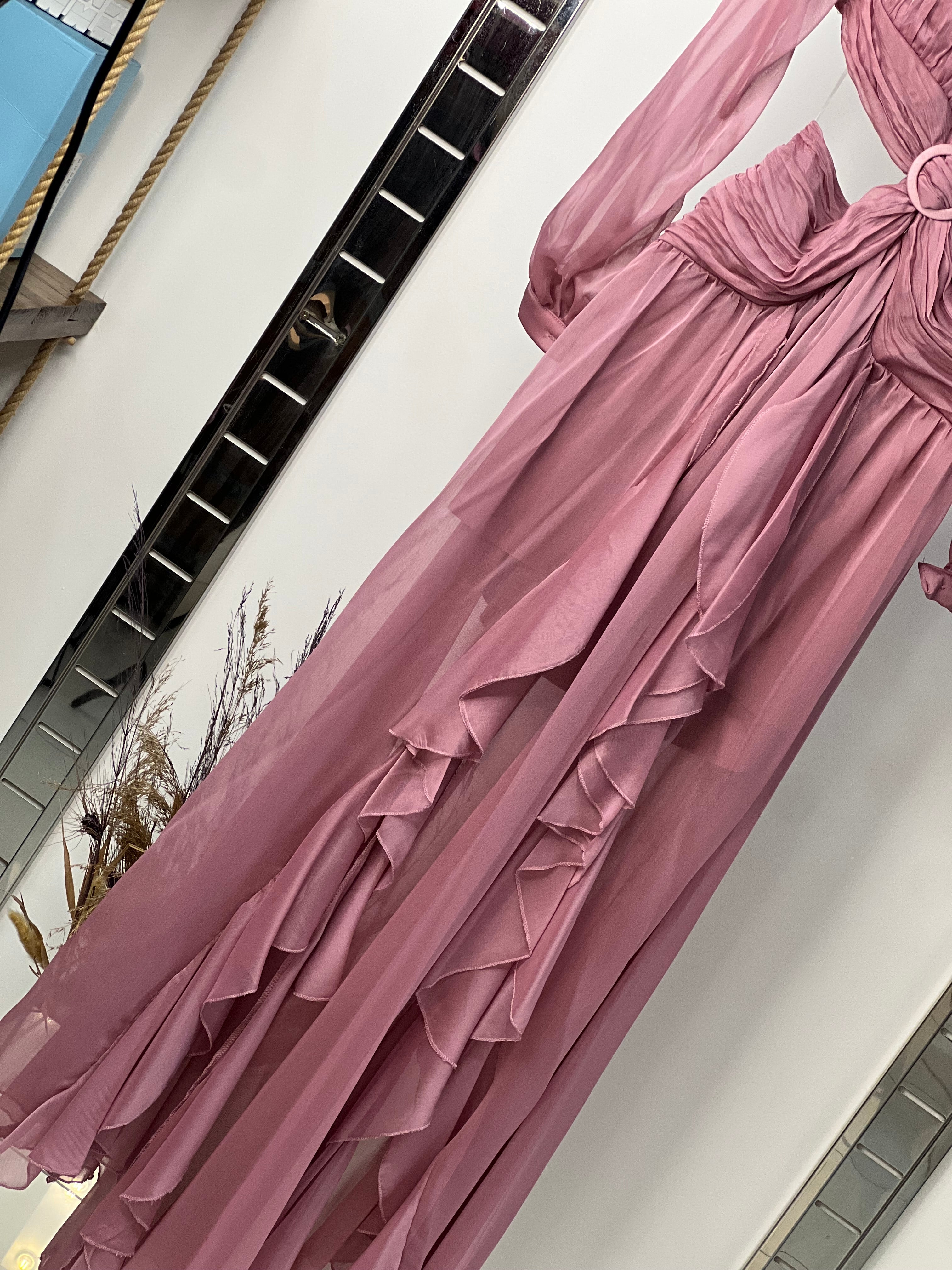 Elegant Evening Gown with Pleated Bodice and Ruffle Details