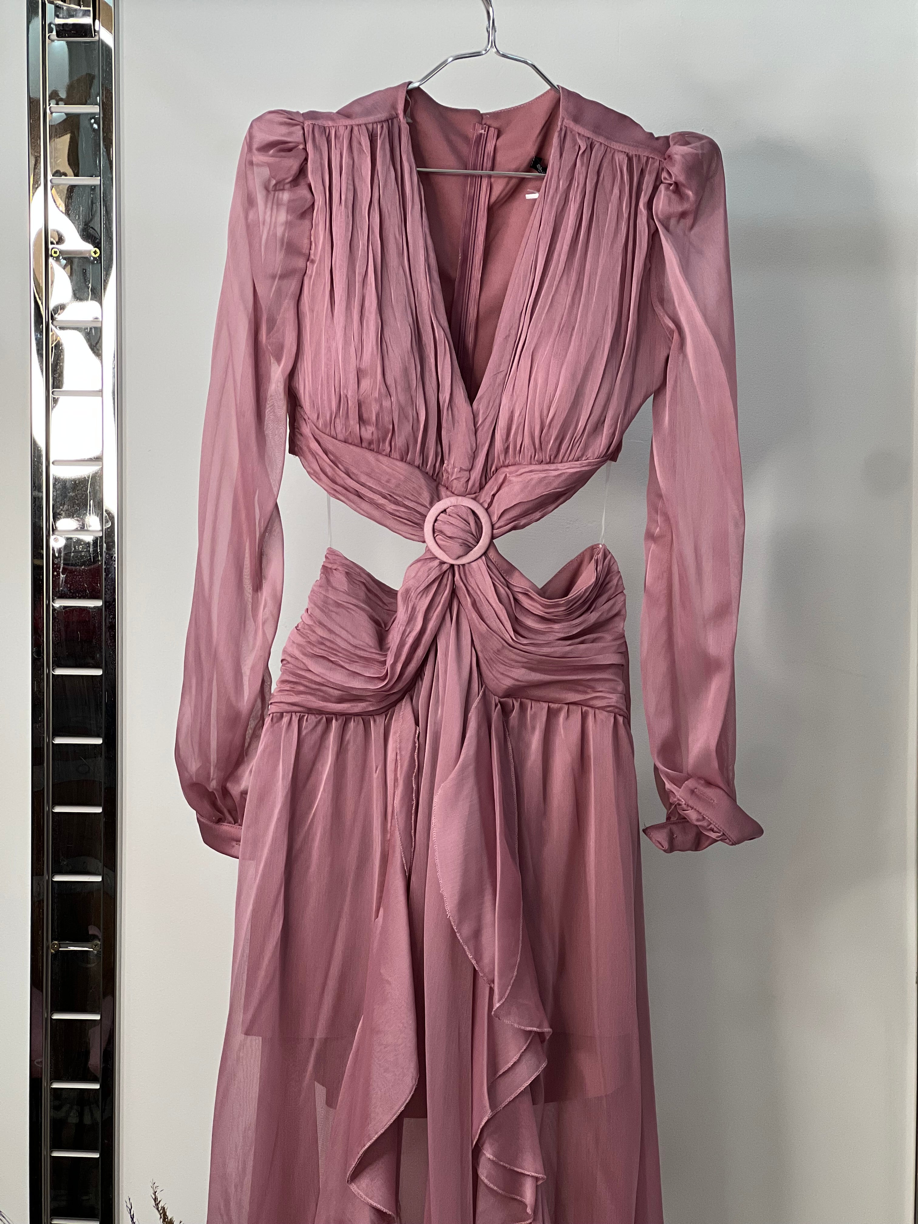 Elegant Evening Gown with Pleated Bodice and Ruffle Details