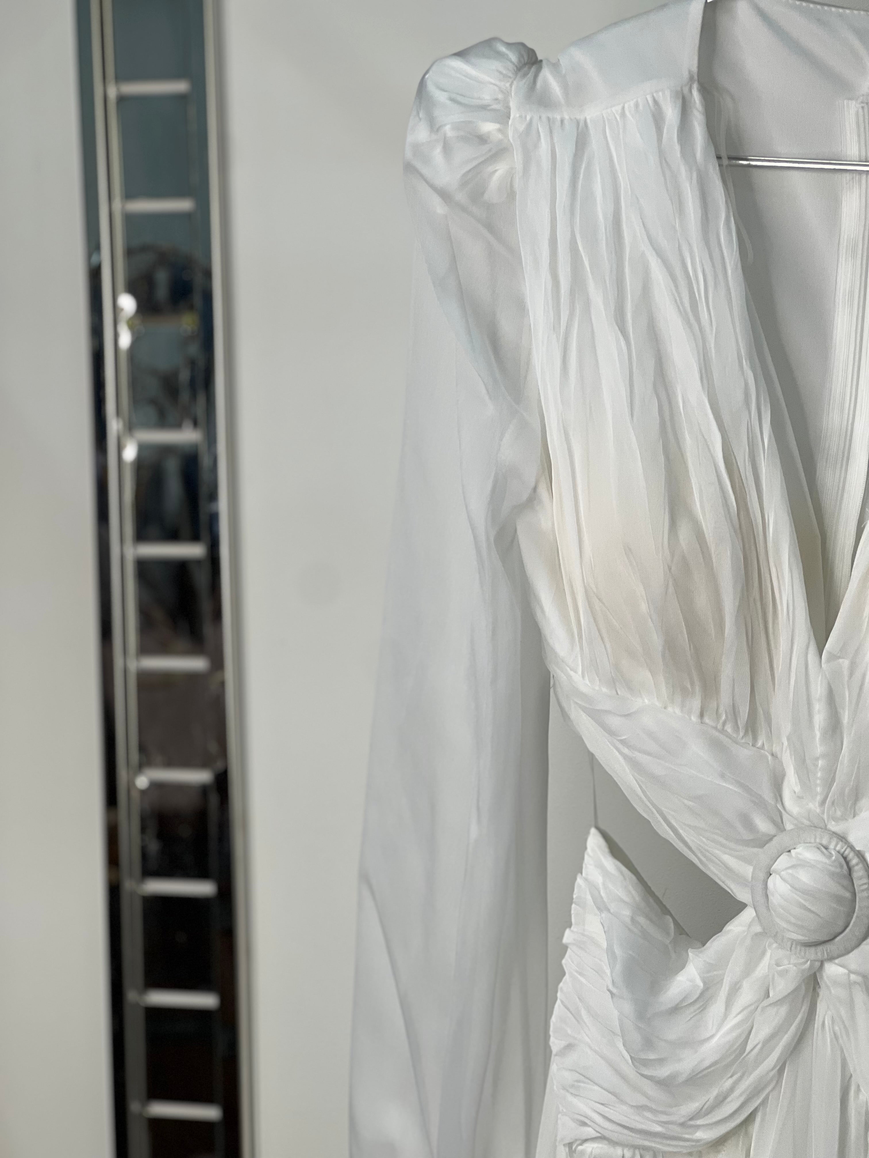 Runway Muse: Draped WhiteCutout Gown with Statement Ruffles