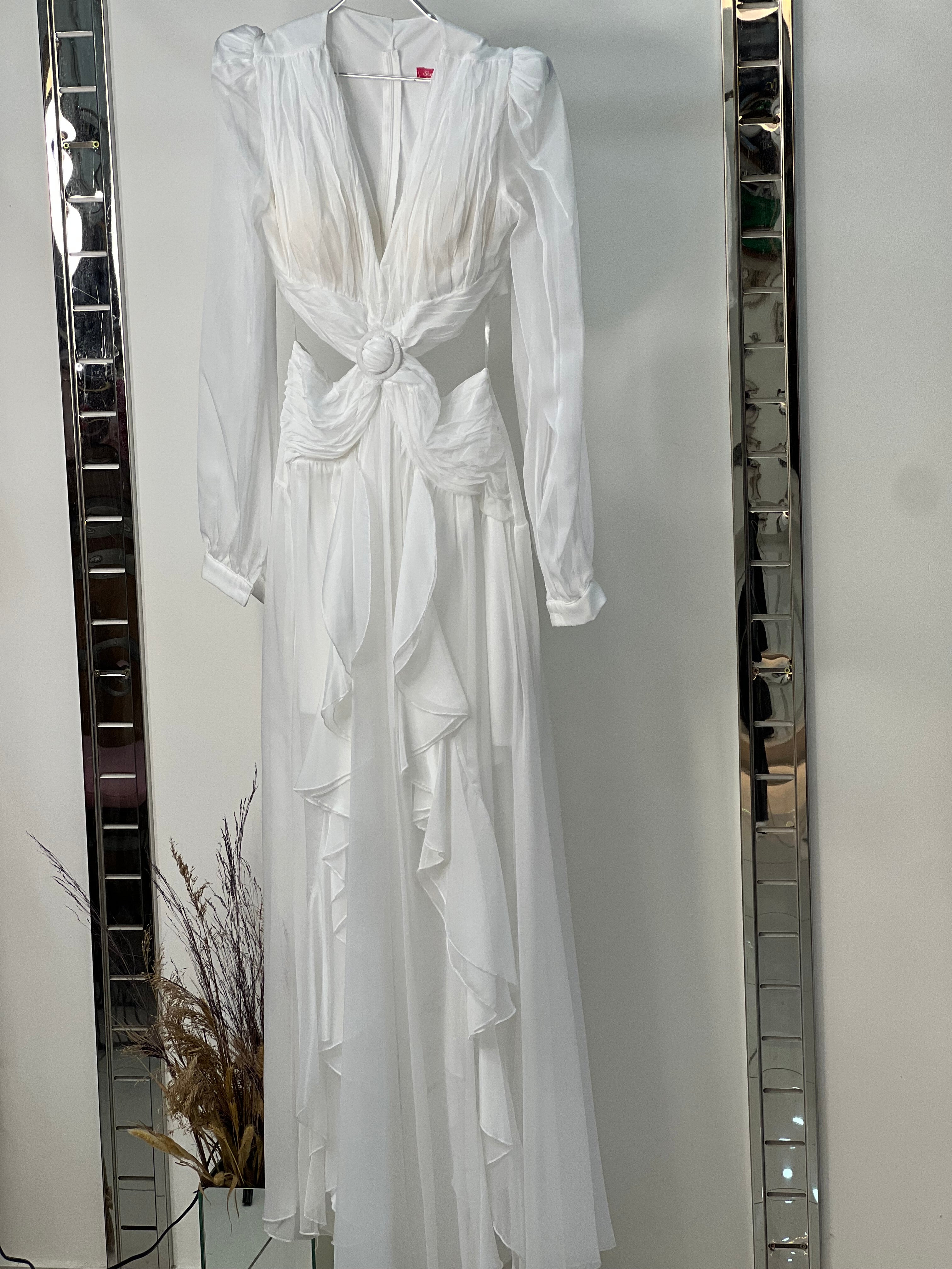 Runway Muse: Draped WhiteCutout Gown with Statement Ruffles