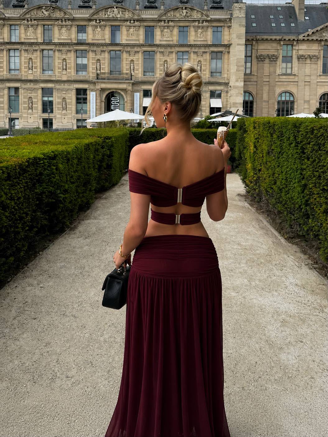 Burgundy Off-Shoulder Cut-Out Maxi set