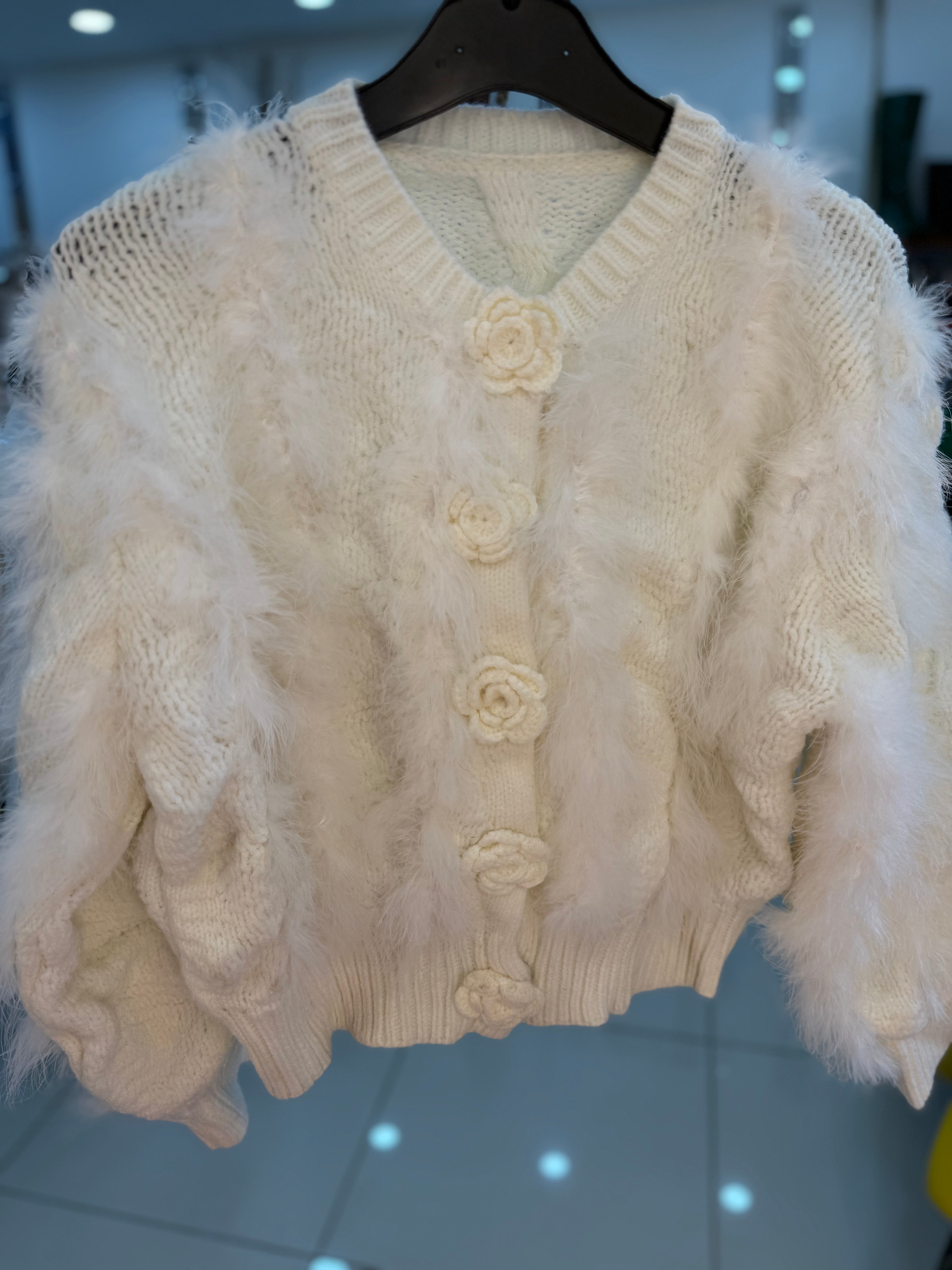 Off-White Fur & Wool Sweater with Flower Buttons