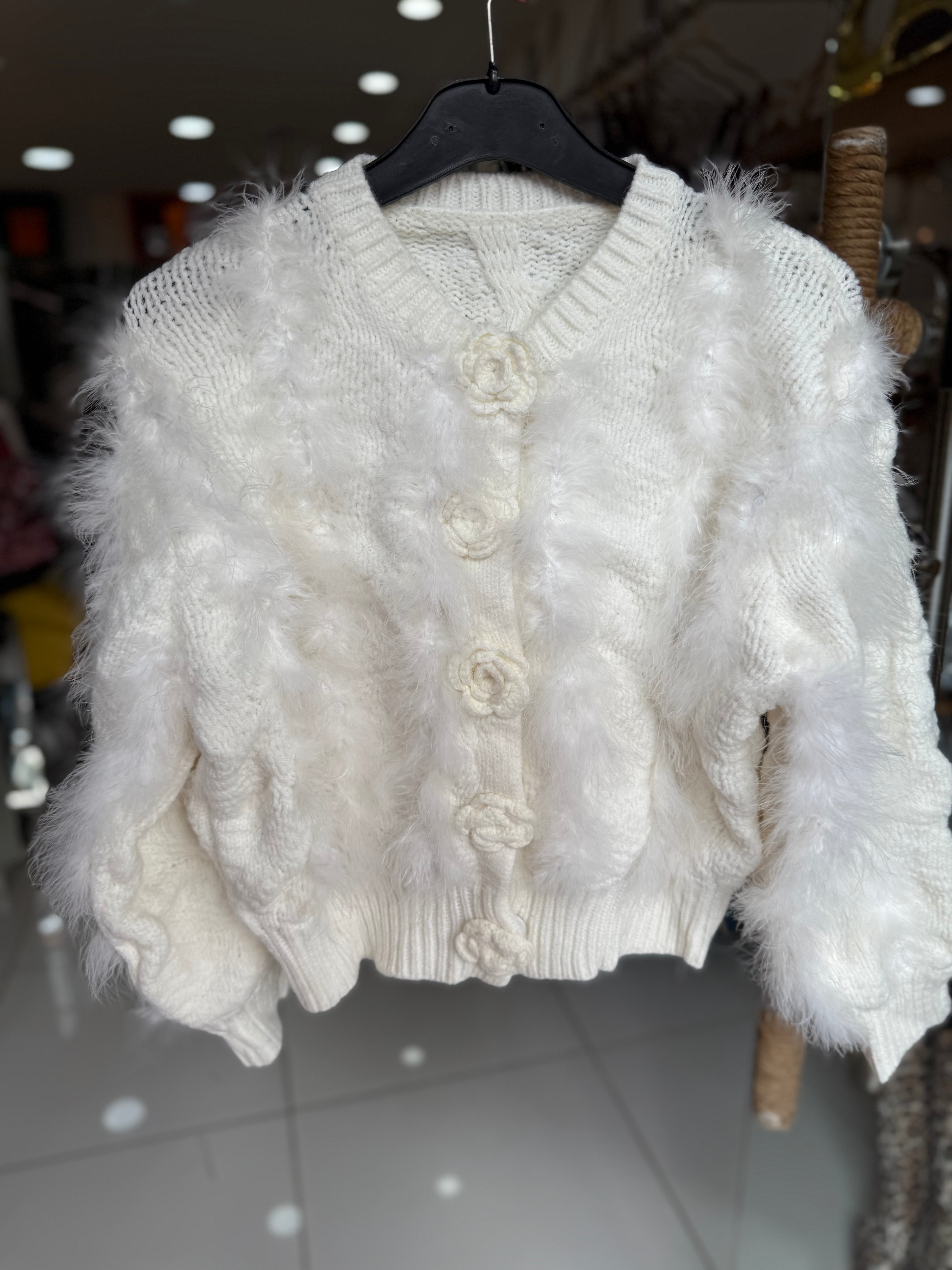 Off-White Fur & Wool Sweater with Flower Buttons