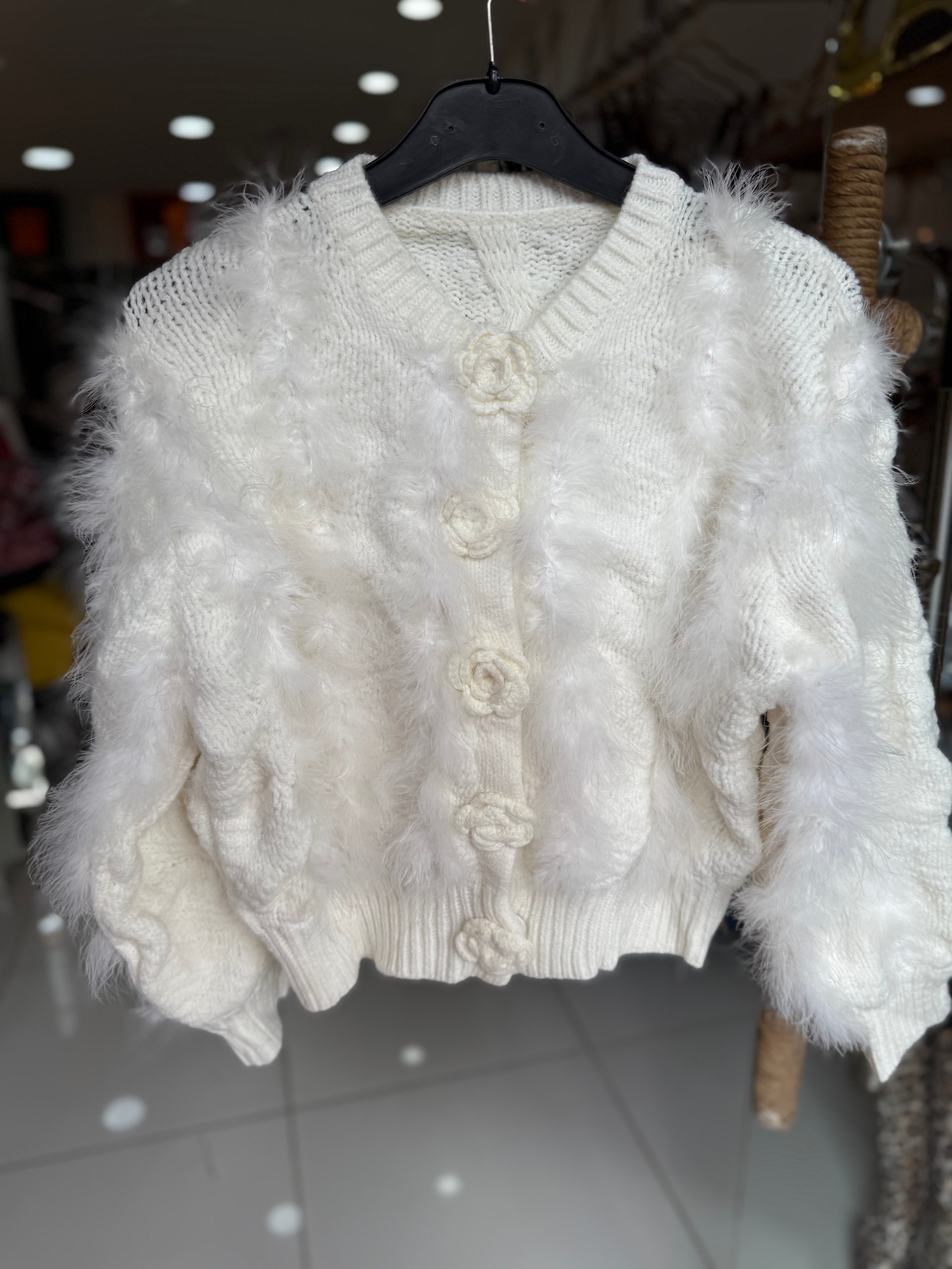 Off-White Fur & Wool Sweater with Flower Buttons