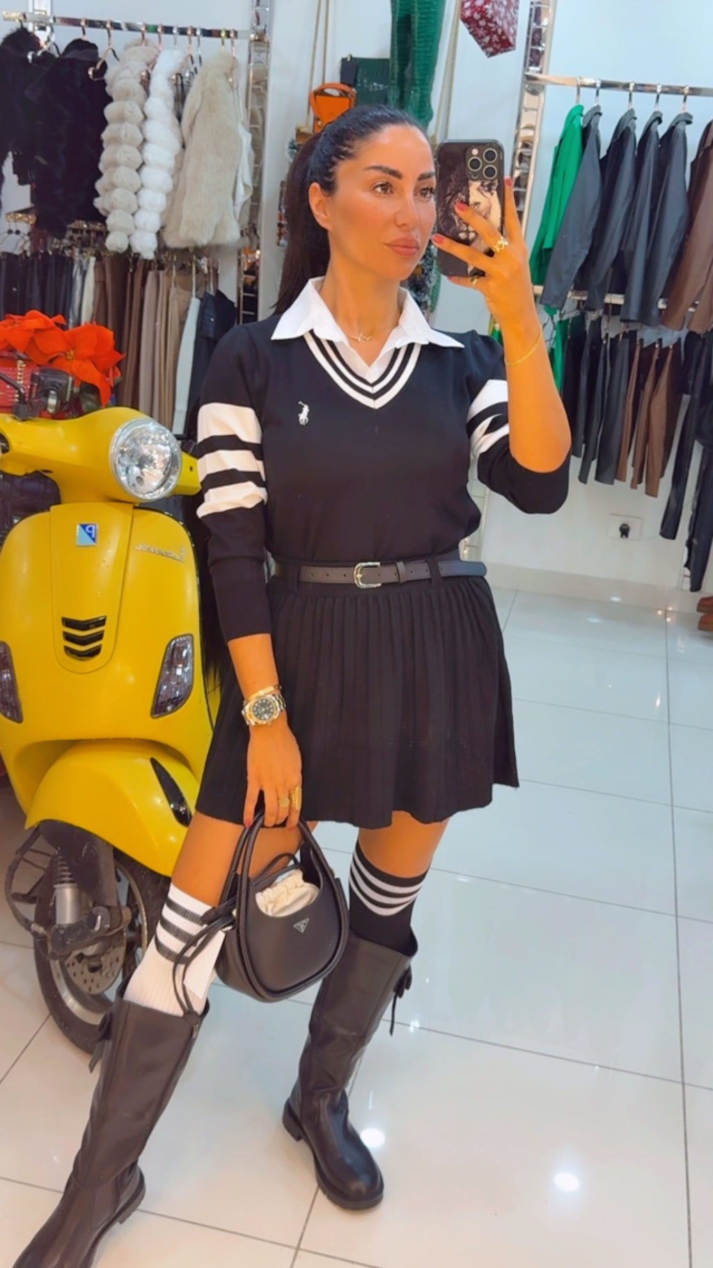 Preppy Knit Sweater with Striped Sleeves