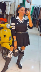 Preppy Knit Sweater with Striped Sleeves