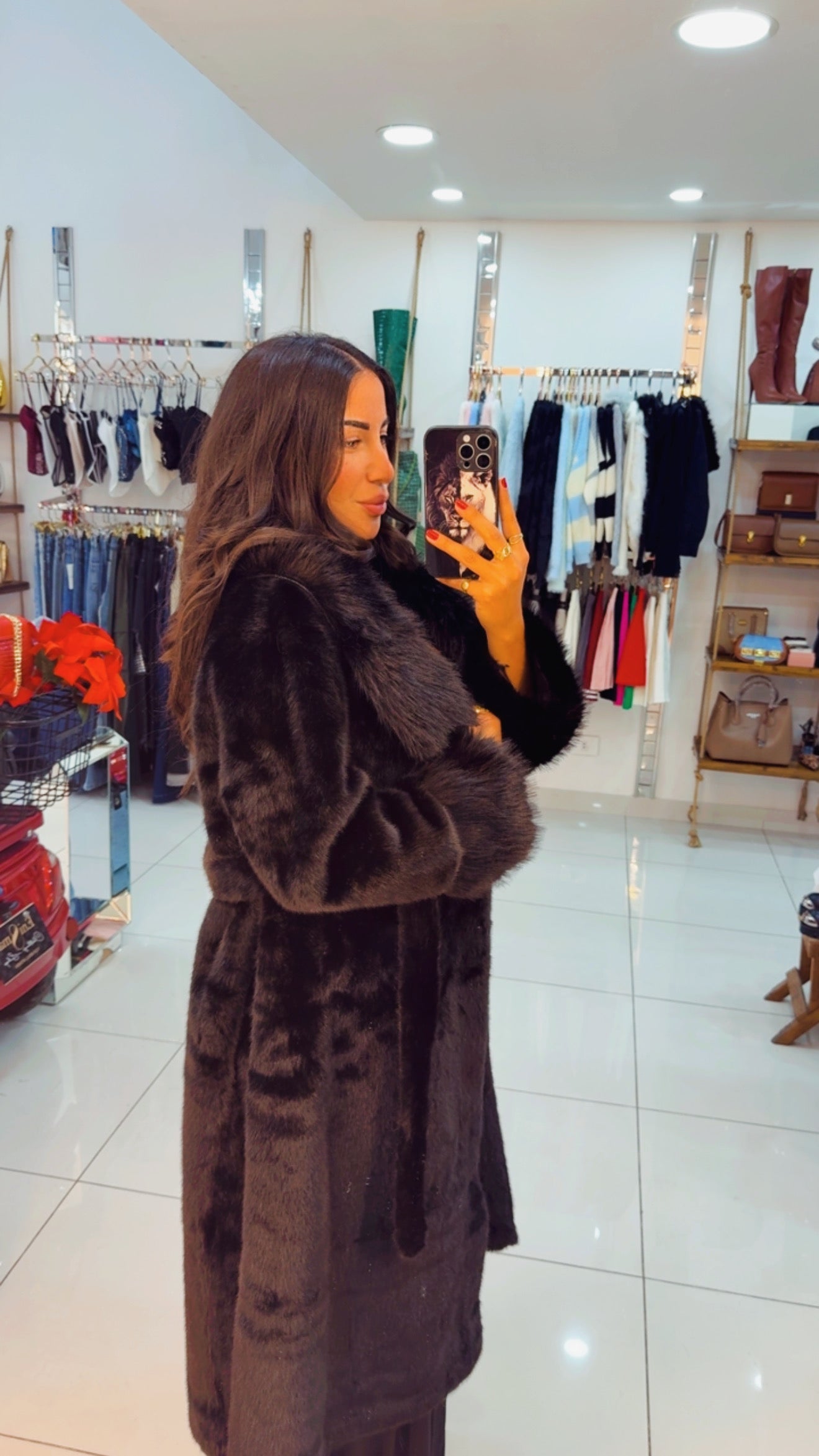 Fur black long coat