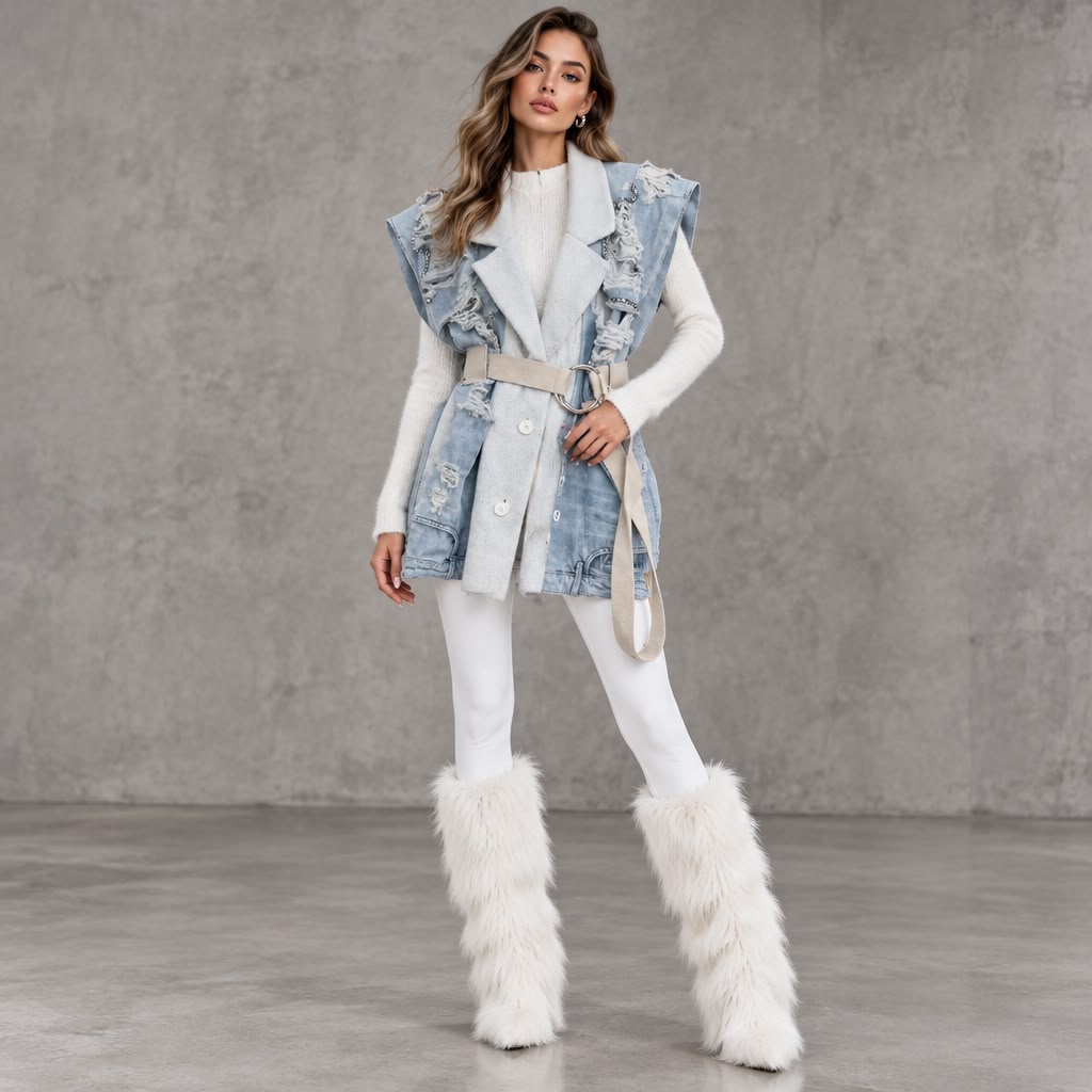 Chic Ruffle Detail Belted Denim Vest