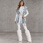 Chic Ruffle Detail Belted Denim Vest