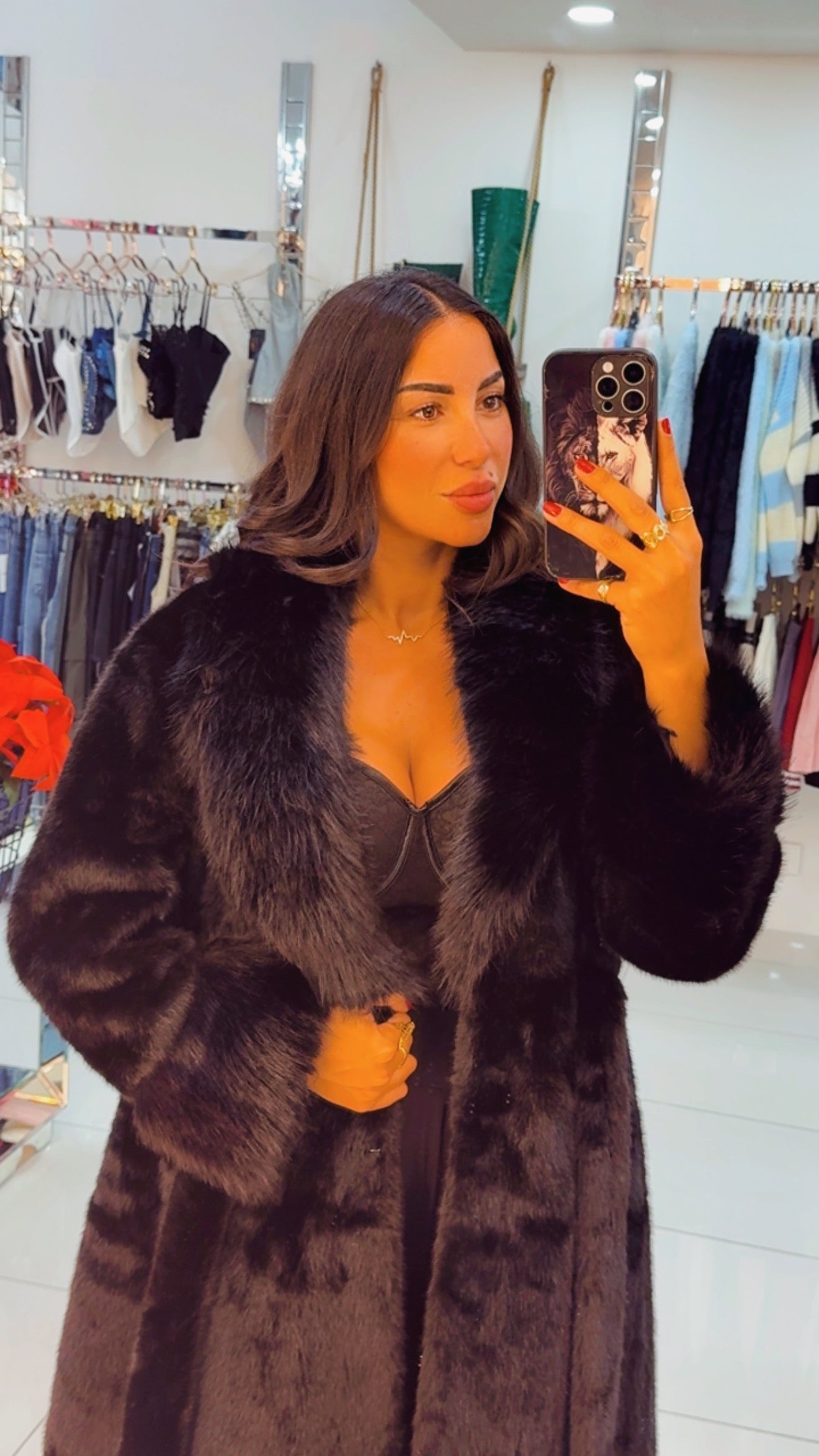 Fur black long coat