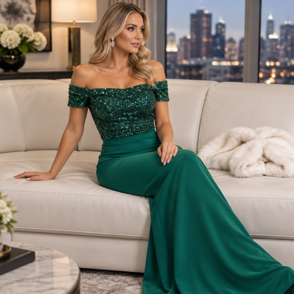 Emerald Green Sequin Off-Shoulder Maxi Dress